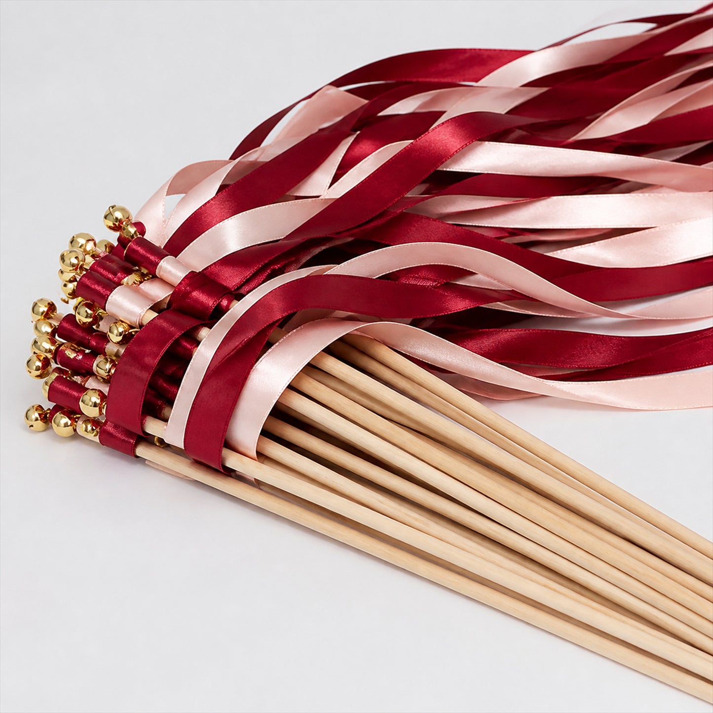 Handmade Burgundy & Blush Satin Ribbon Wedding Wands with Bell