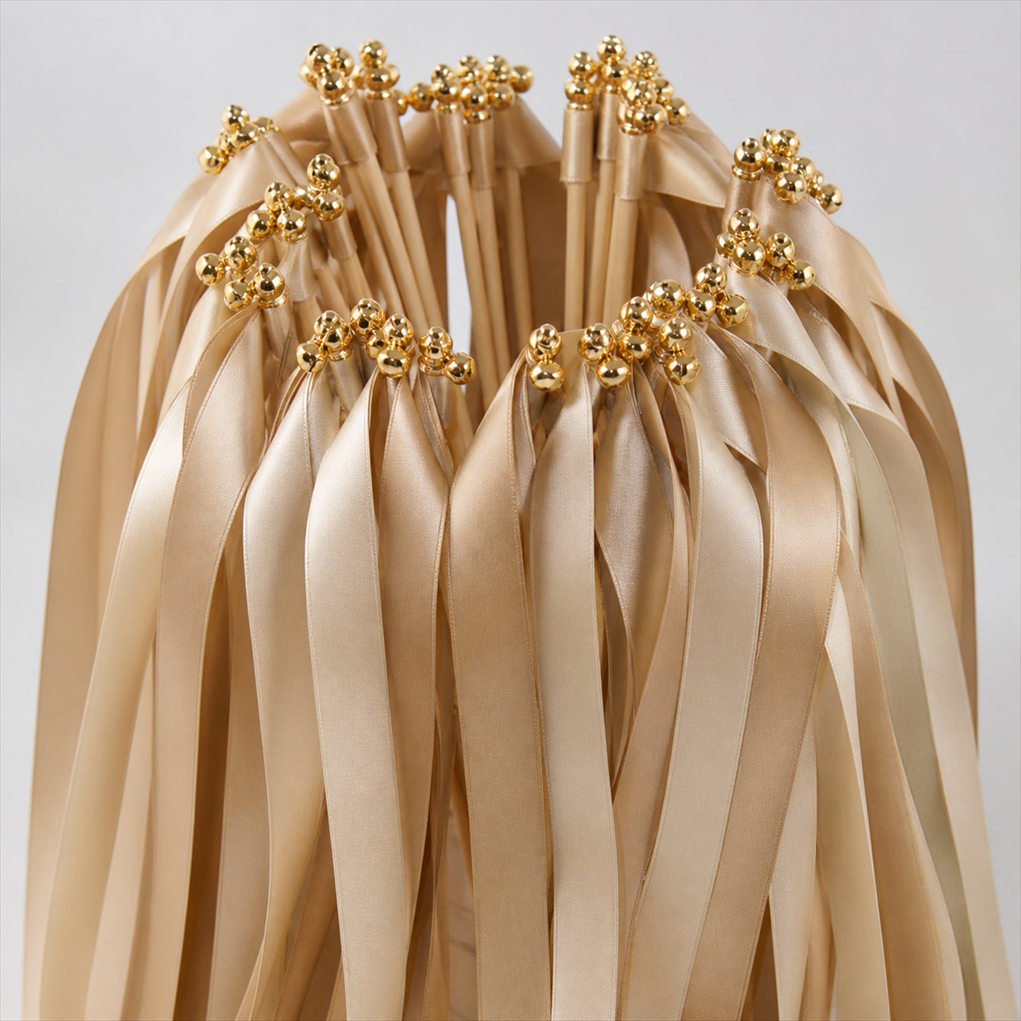 Handmade Champagne & Beige Satin Ribbon Wedding Wands with Bell