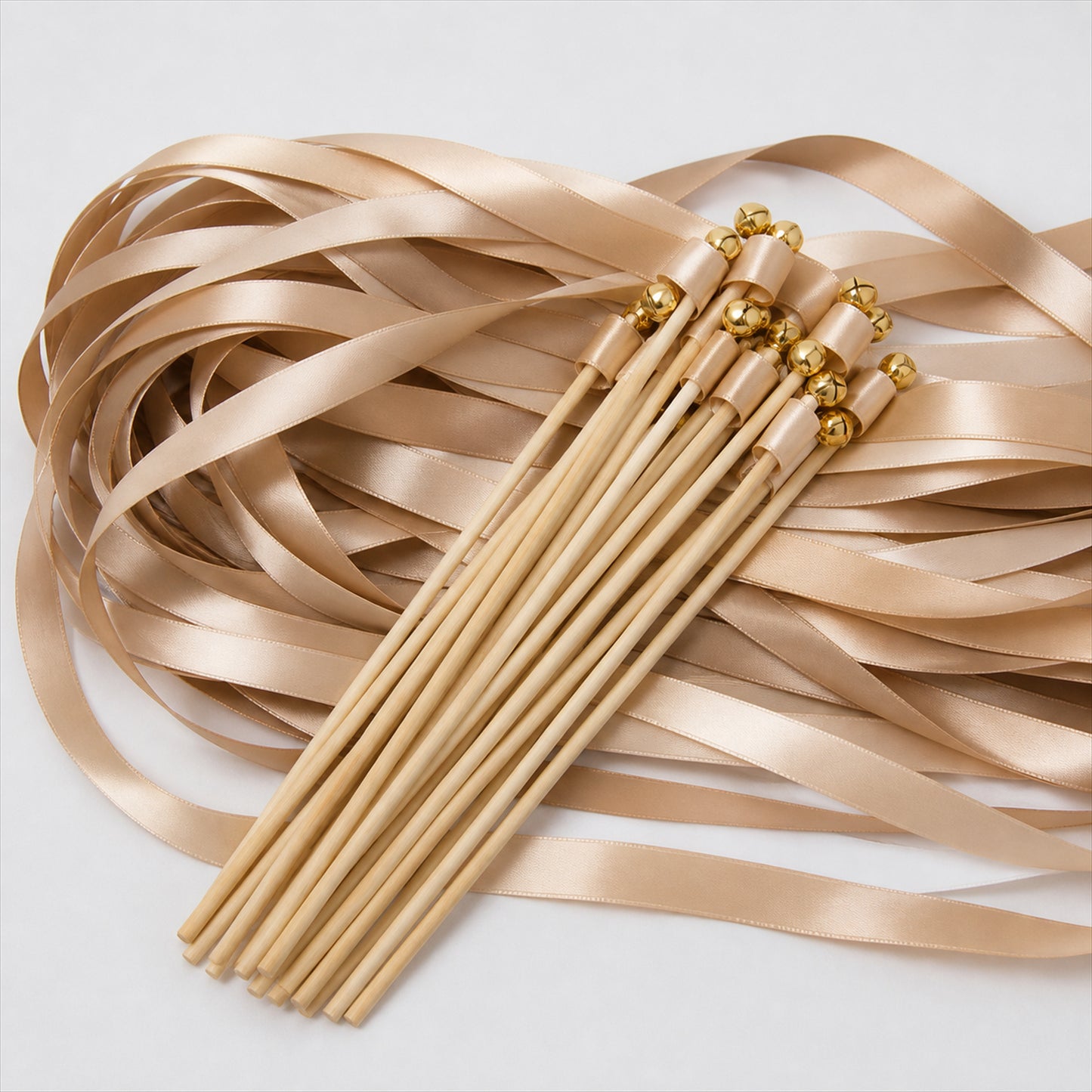 Handmade Champagne & Beige Satin Ribbon Wedding Wands with Bell