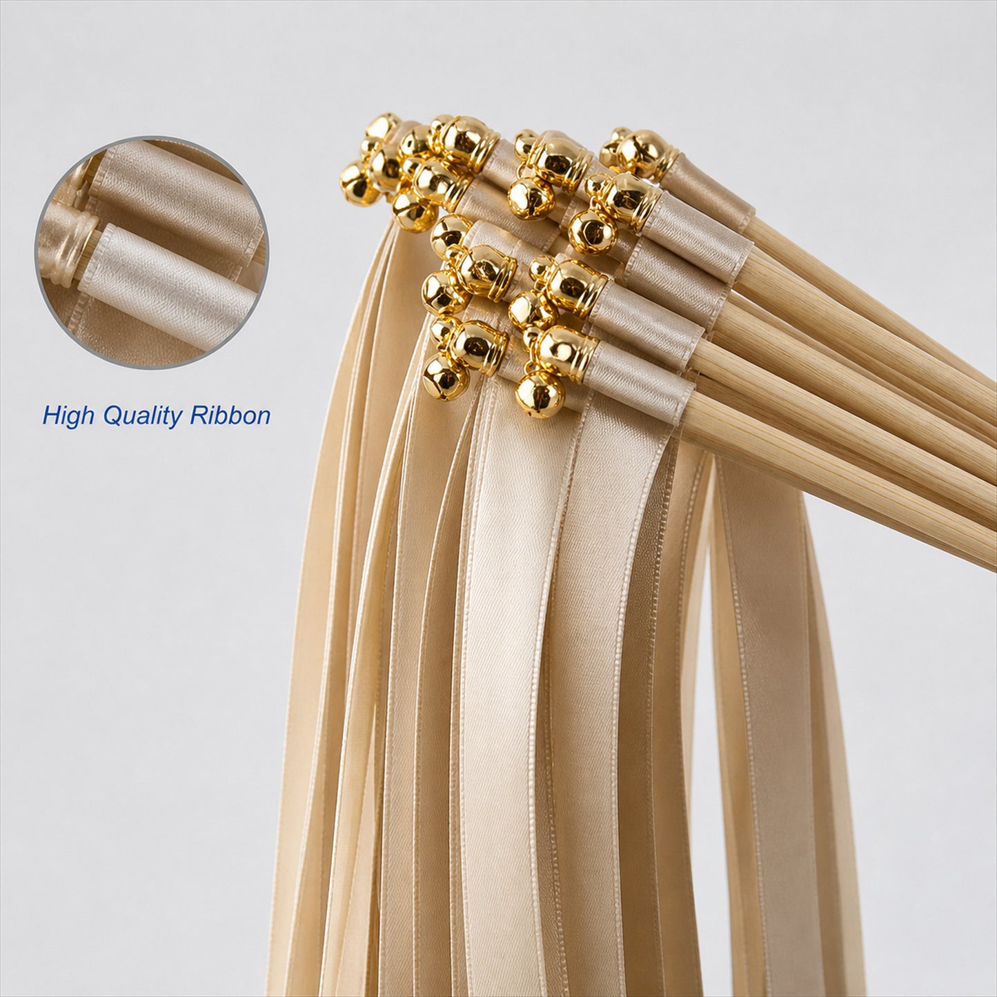 Handmade Champagne & Beige Satin Ribbon Wedding Wands with Bell