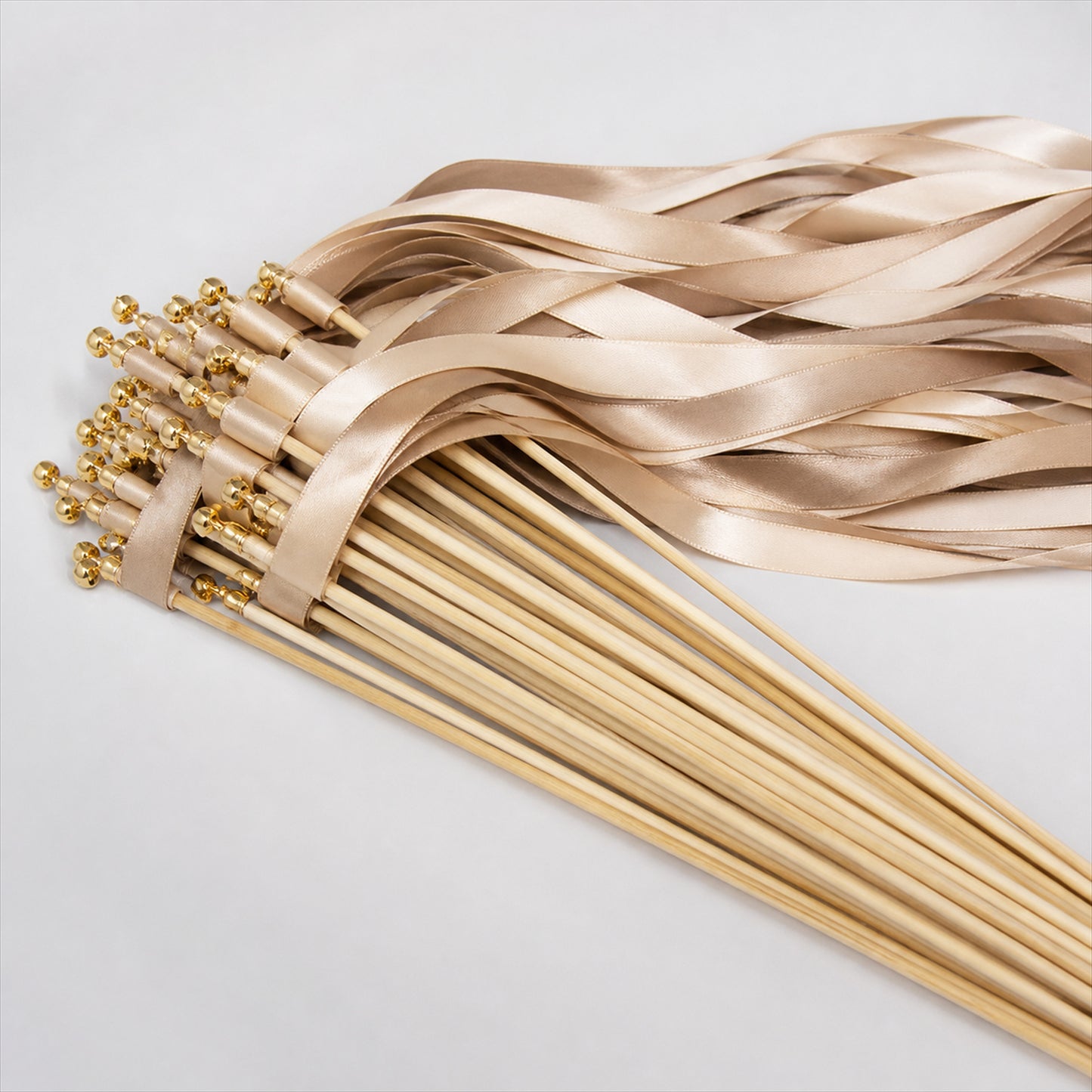 Handmade Champagne & Beige Satin Ribbon Wedding Wands with Bell