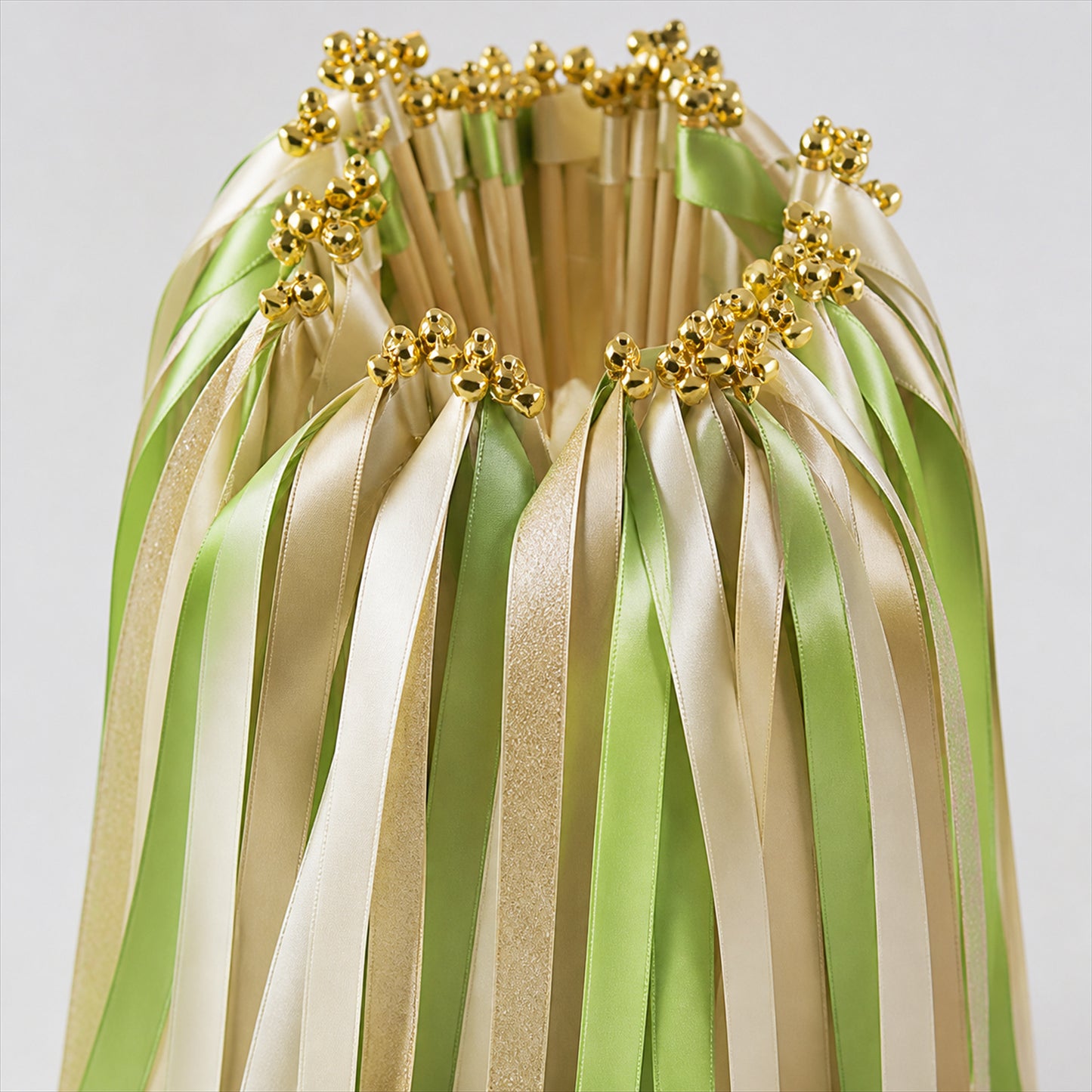 Handmade Lime Green, Ivory & Gold Satin & Gold Glitter Ribbon Wedding Wands with Bell