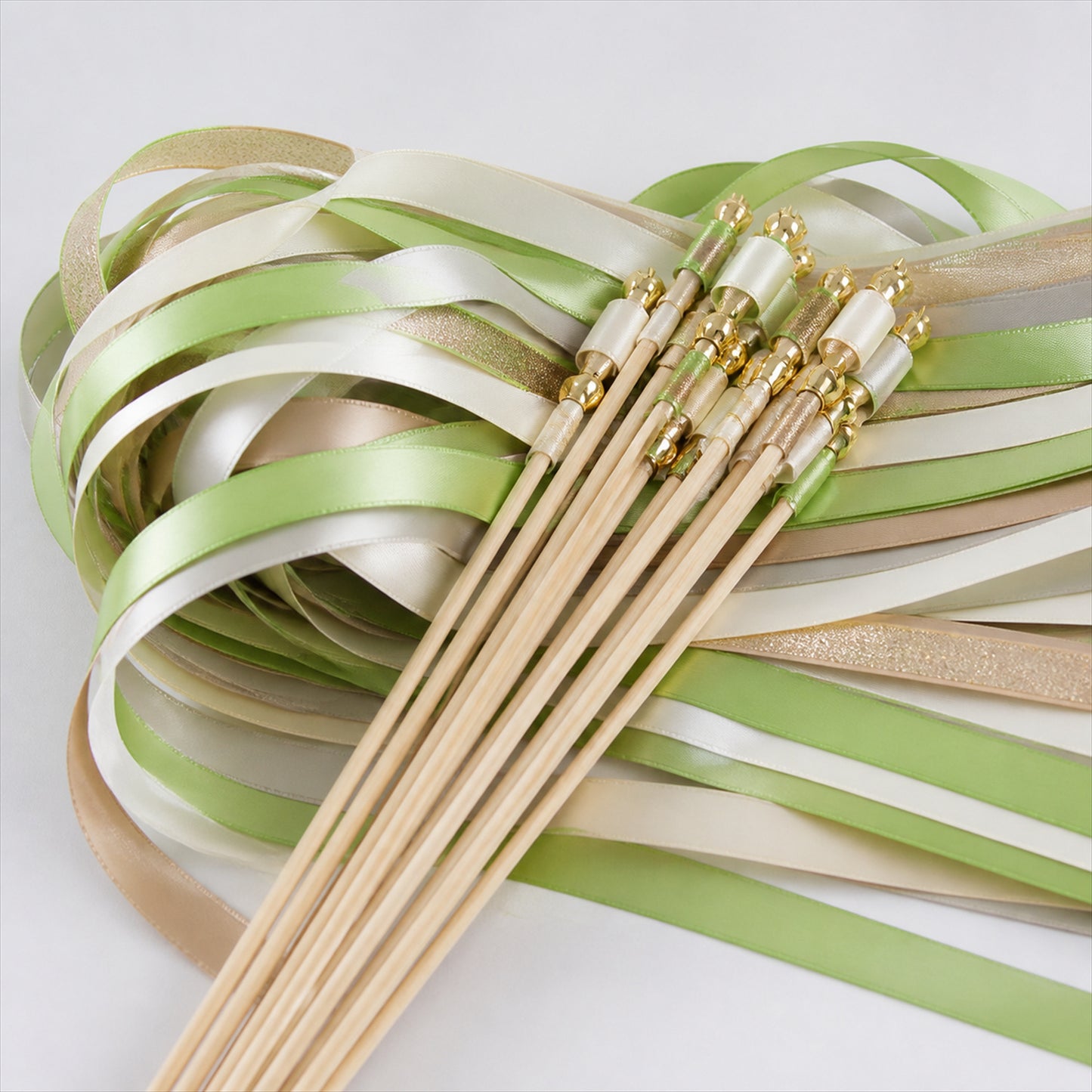 Handmade Lime Green, Ivory & Gold Satin & Gold Glitter Ribbon Wedding Wands with Bell