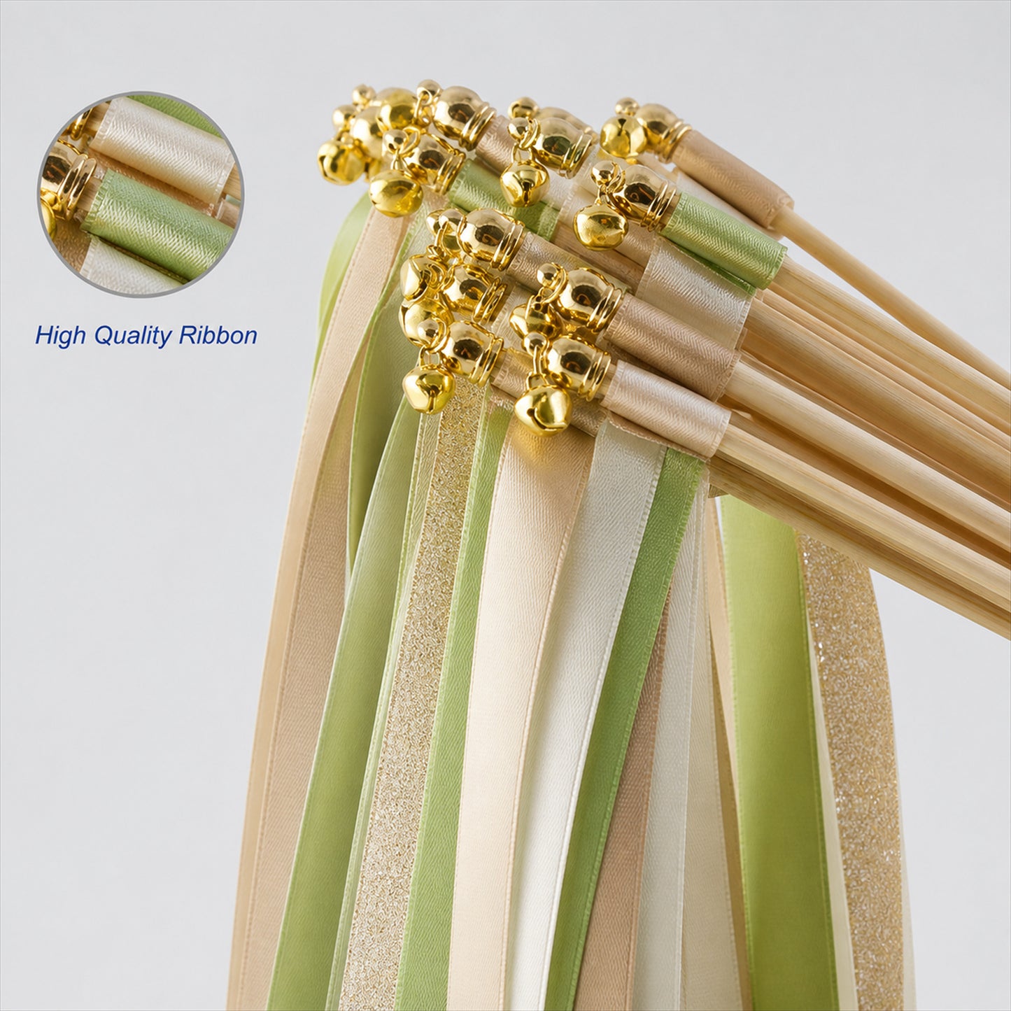 Handmade Lime Green, Ivory & Gold Satin & Gold Glitter Ribbon Wedding Wands with Bell
