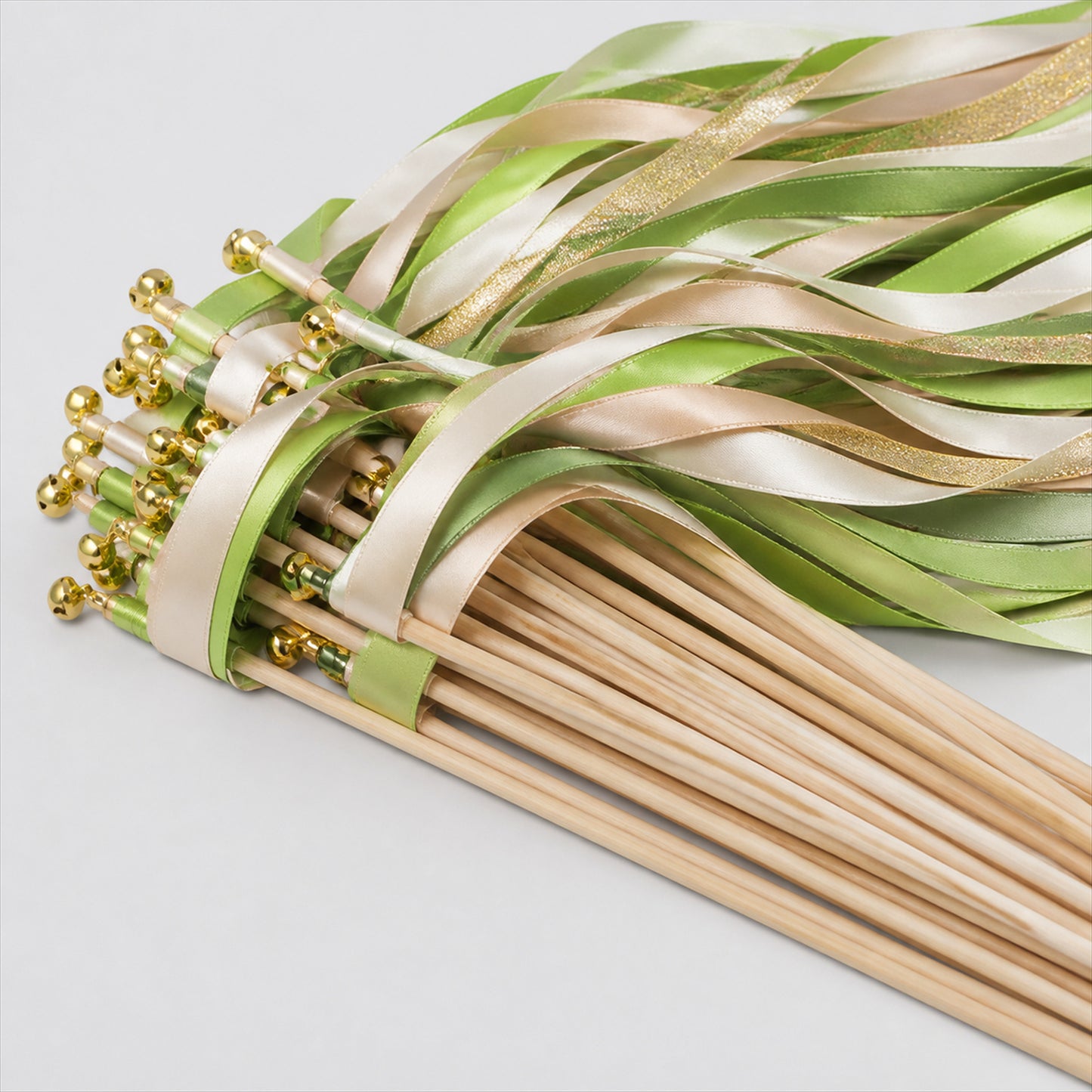 Handmade Lime Green, Ivory & Gold Satin & Gold Glitter Ribbon Wedding Wands with Bell
