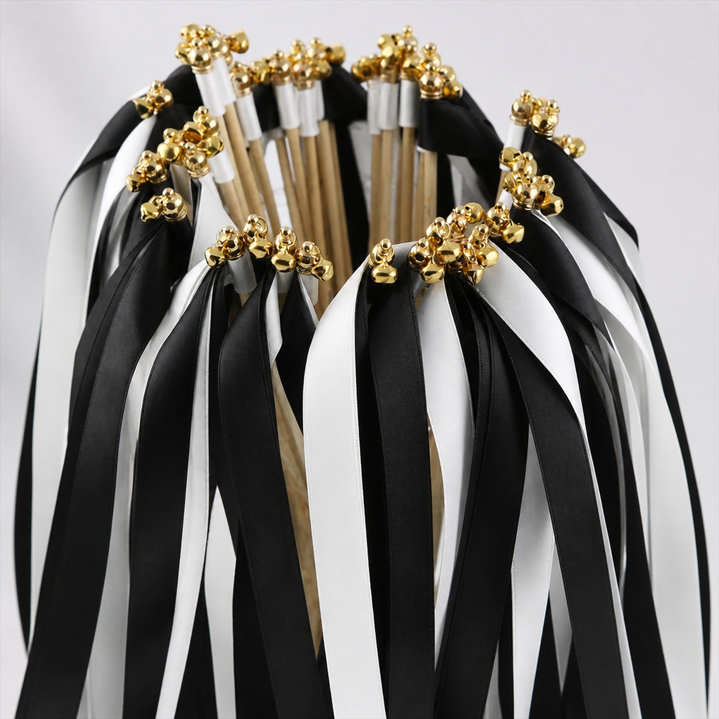 Handmade Black & White Satin Ribbon Wedding Wands with Bell