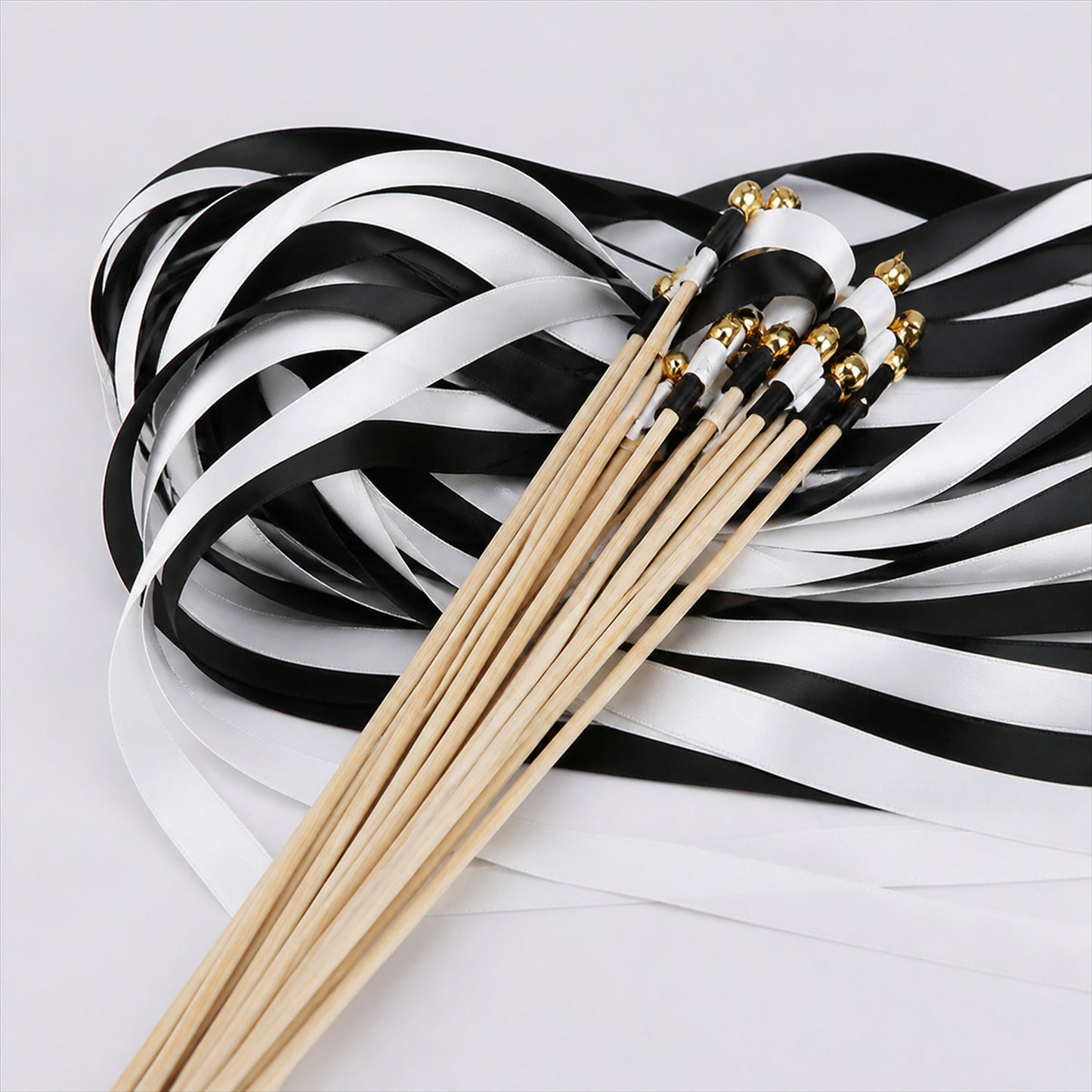 Handmade Black & White Satin Ribbon Wedding Wands with Bell