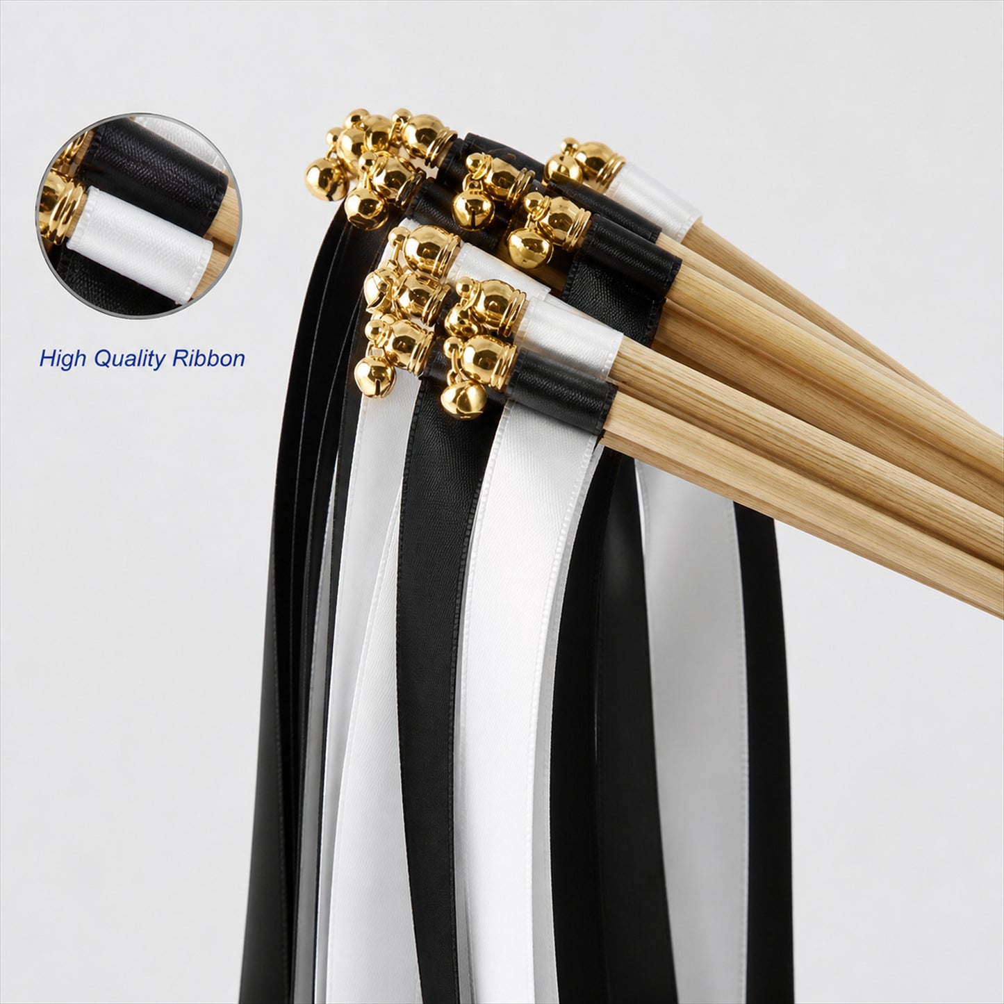 Handmade Black & White Satin Ribbon Wedding Wands with Bell