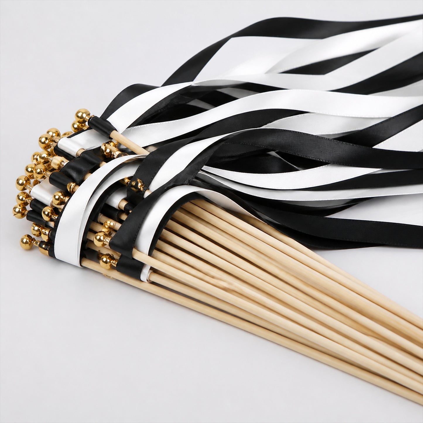 Handmade Black & White Satin Ribbon Wedding Wands with Bell