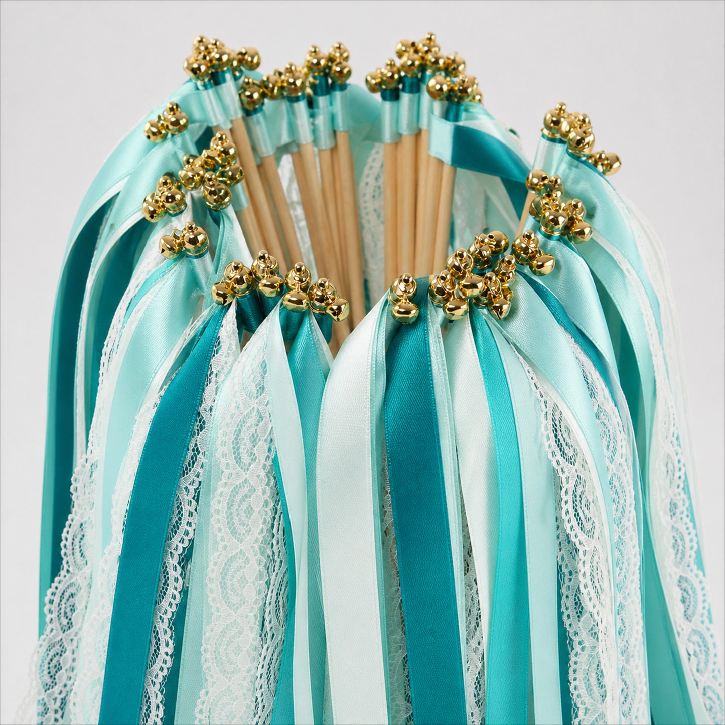Handmade Teal, Mint & White Satin & Lace Ribbon Wedding Wands with Bell