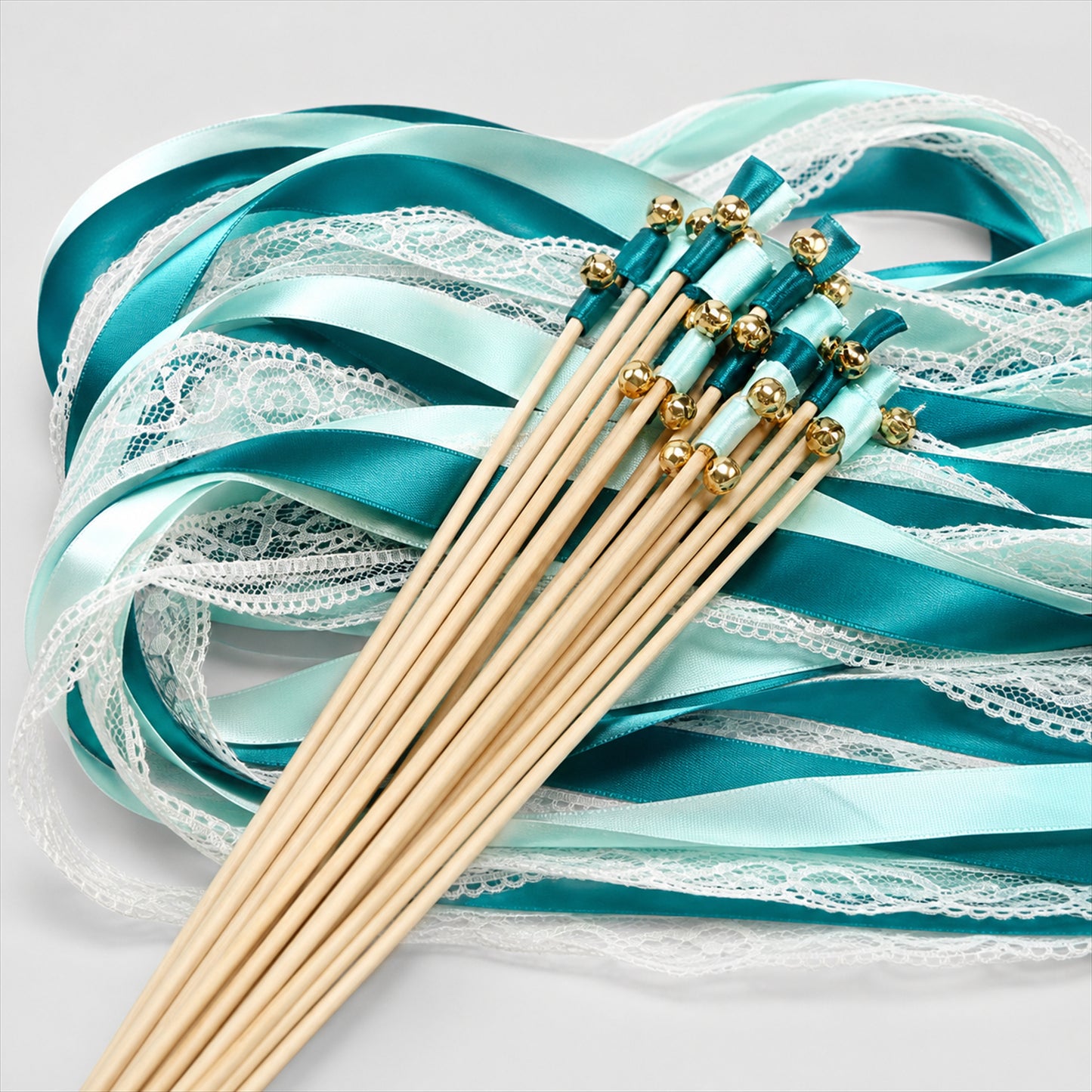 Handmade Teal, Mint & White Satin & Lace Ribbon Wedding Wands with Bell