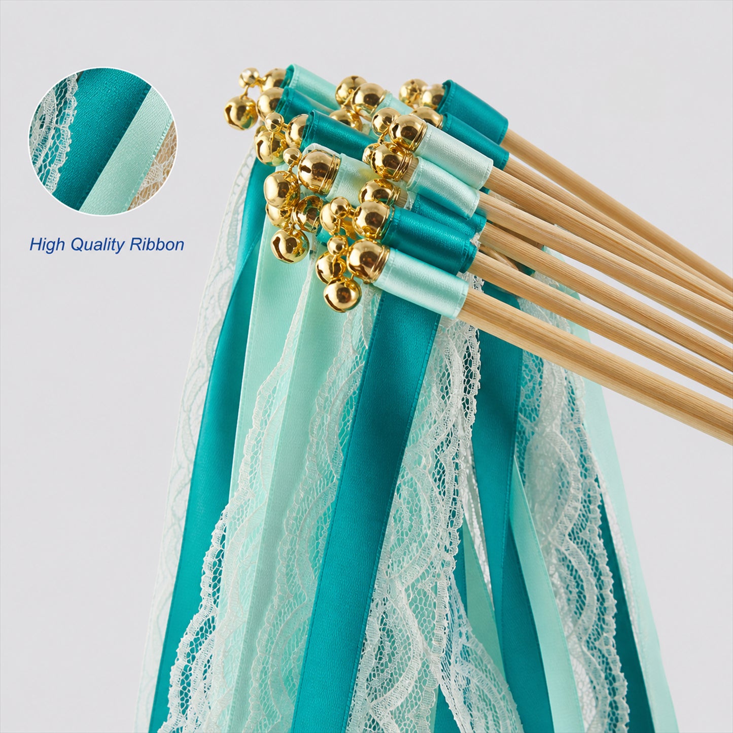 Handmade Teal, Mint & White Satin & Lace Ribbon Wedding Wands with Bell