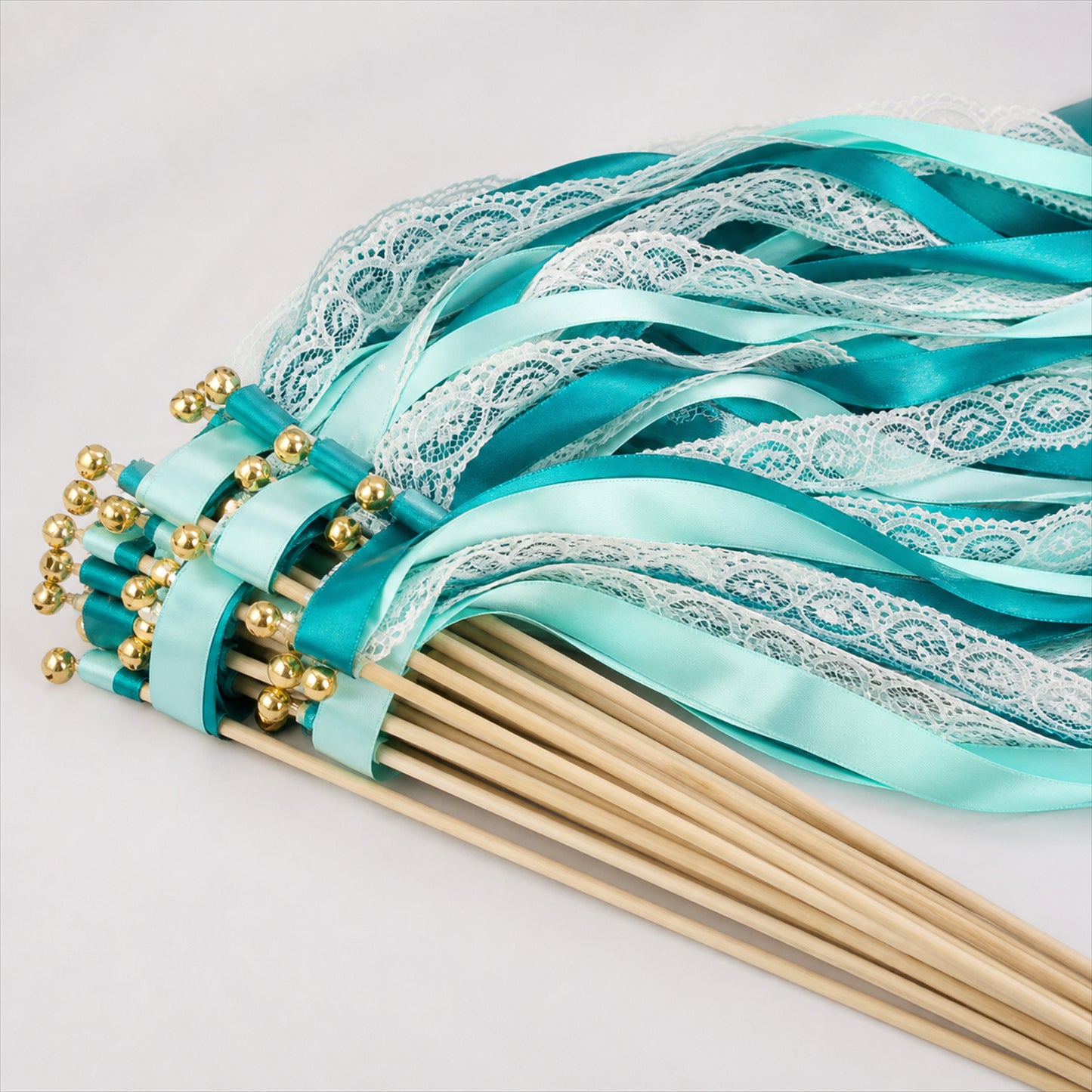 Handmade Teal, Mint & White Satin & Lace Ribbon Wedding Wands with Bell