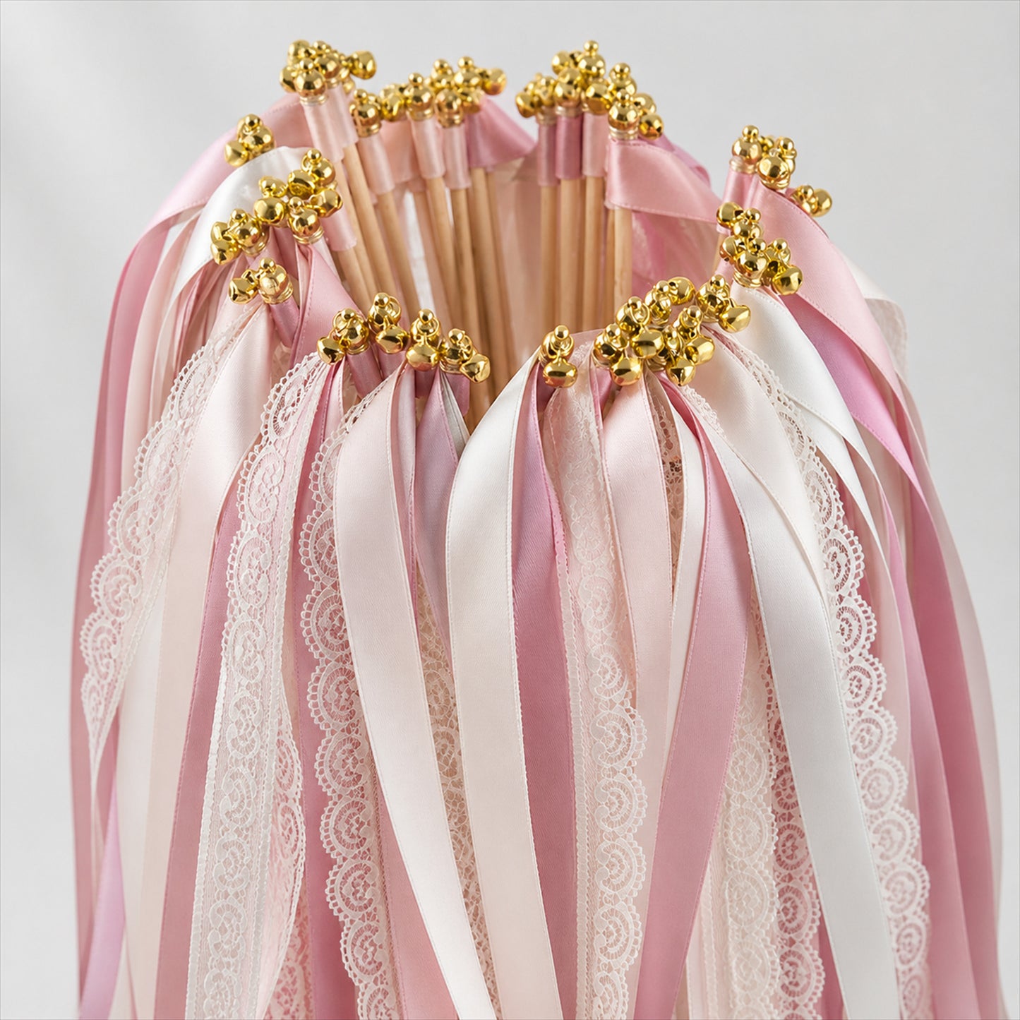 Handmade Dusty Rose & White Satin & Lace Ribbon Wedding Wands with Bell