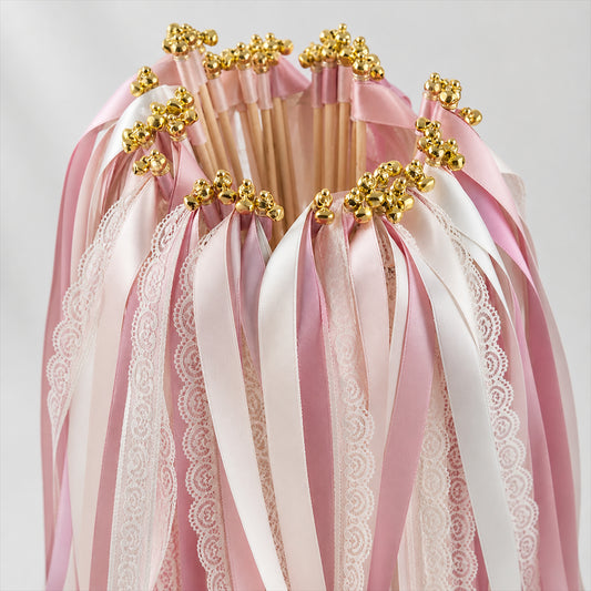 Handmade Dusty Rose & White Satin & Lace Ribbon Wedding Wands with Bell