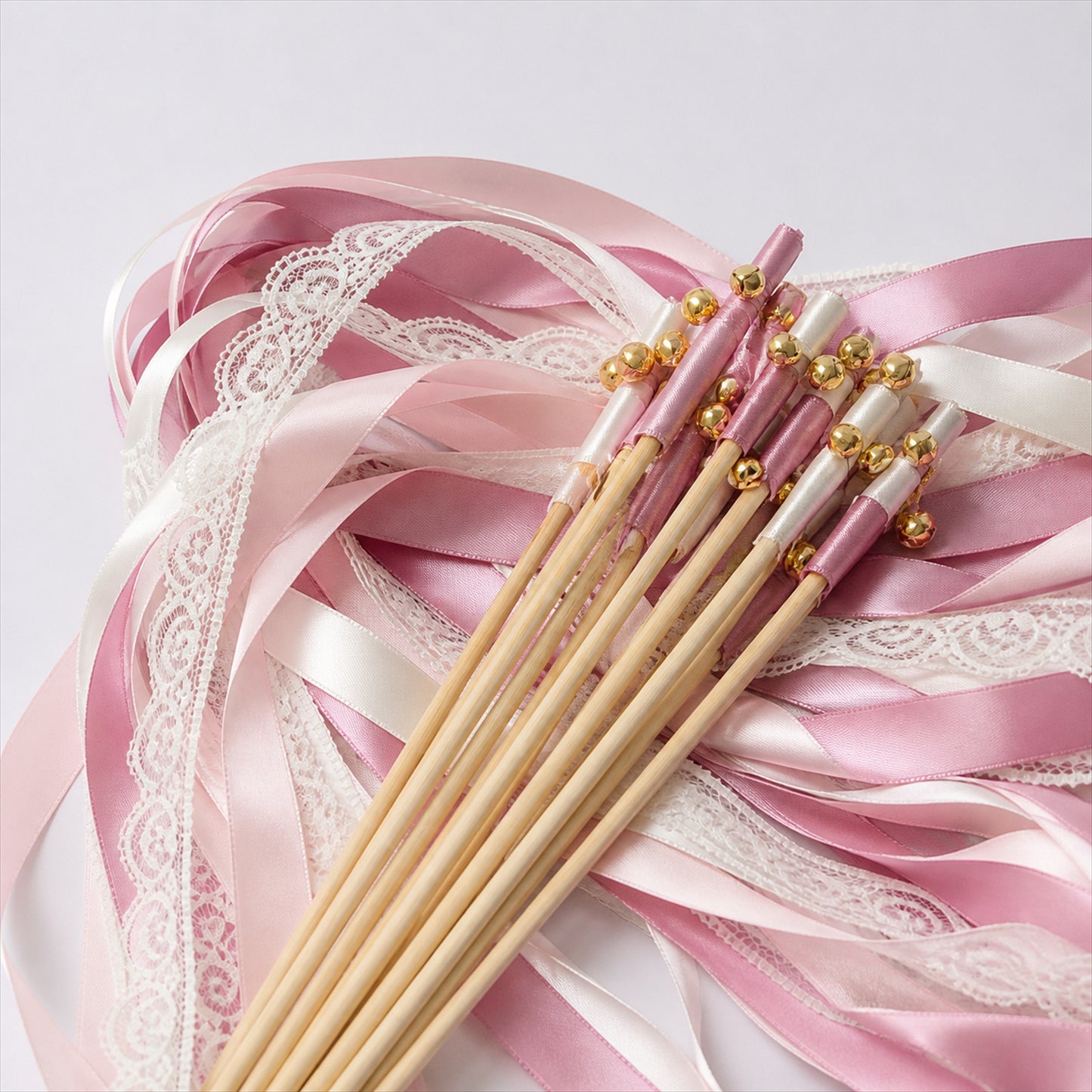 Handmade Dusty Rose & White Satin & Lace Ribbon Wedding Wands with Bell