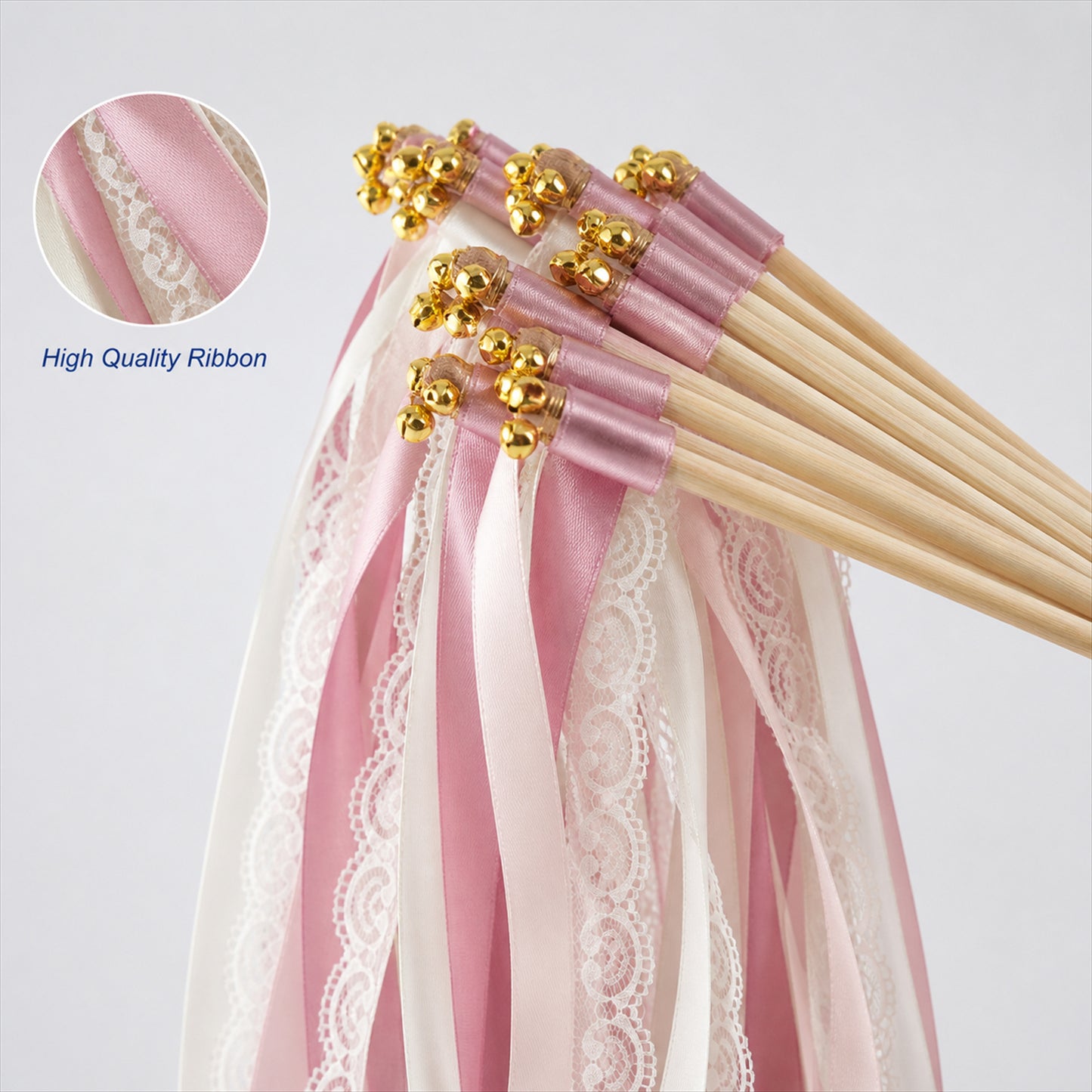 Handmade Dusty Rose & White Satin & Lace Ribbon Wedding Wands with Bell