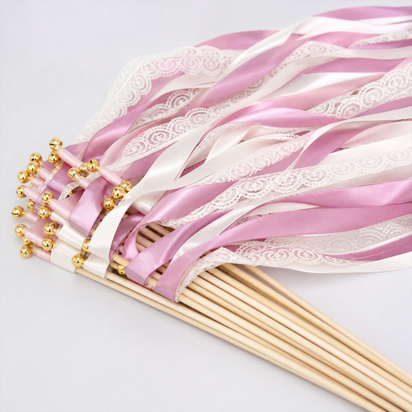 Handmade Dusty Rose & White Satin & Lace Ribbon Wedding Wands with Bell