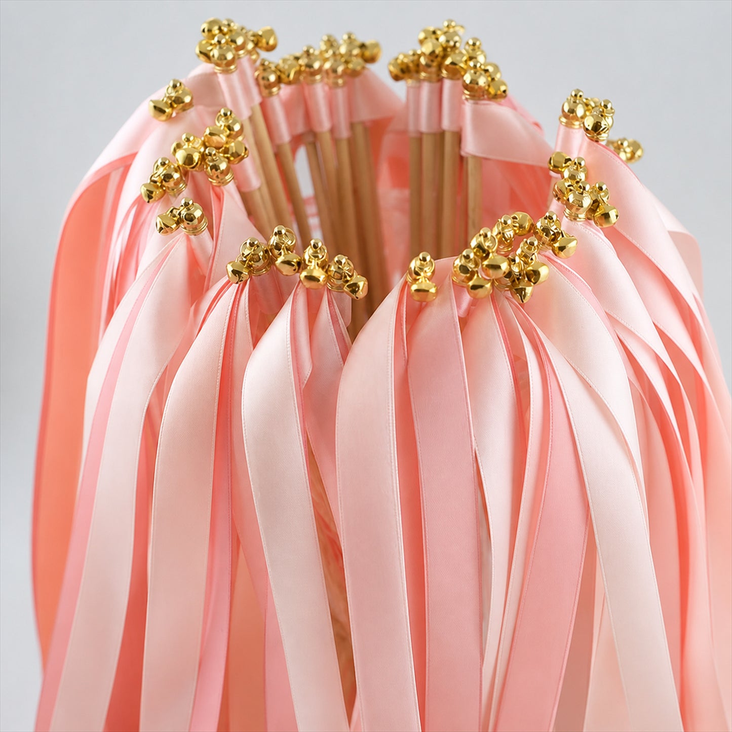 Handmade Coral, Peach & Pink Satin Ribbon Wedding Wands with Bell