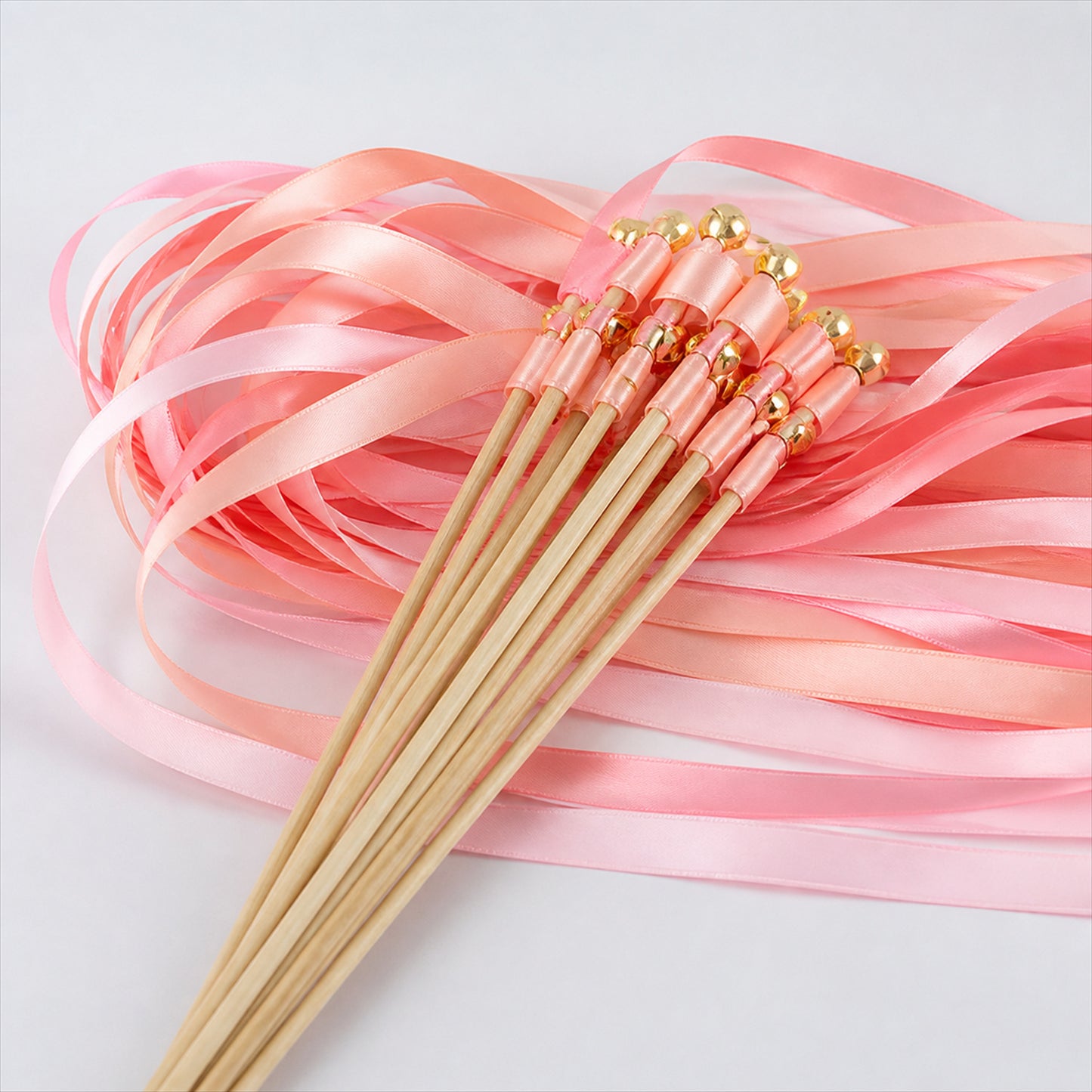 Handmade Coral, Peach & Pink Satin Ribbon Wedding Wands with Bell