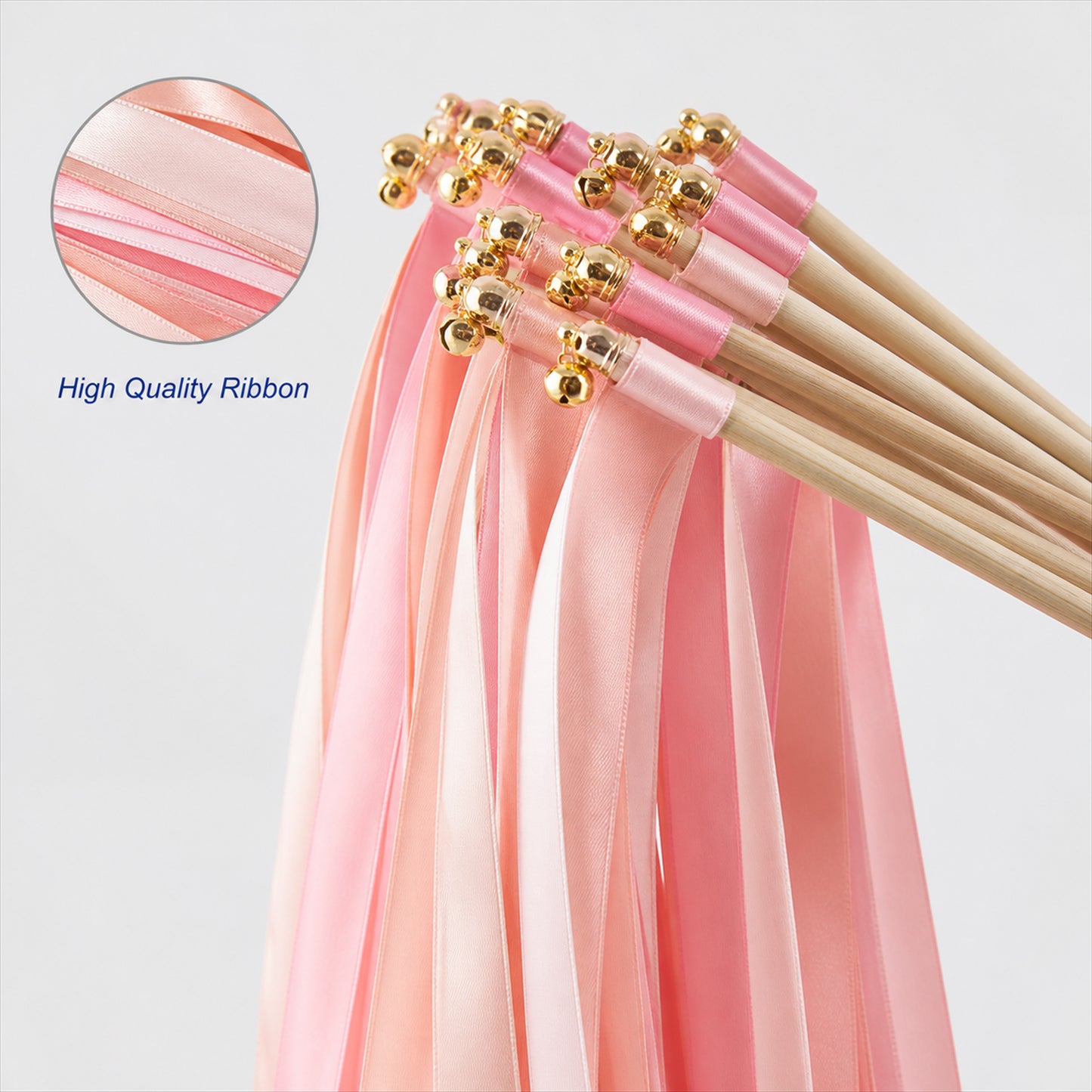 Handmade Coral, Peach & Pink Satin Ribbon Wedding Wands with Bell