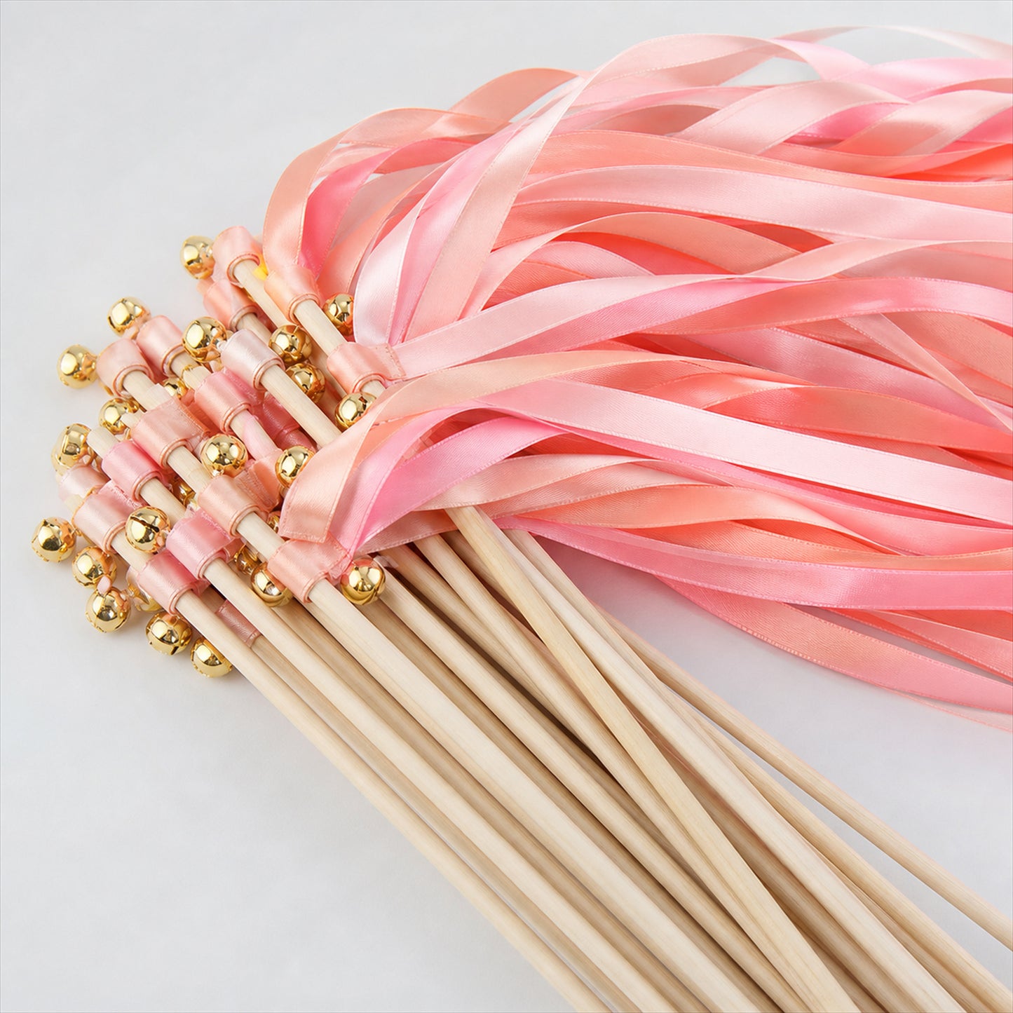 Handmade Coral, Peach & Pink Satin Ribbon Wedding Wands with Bell