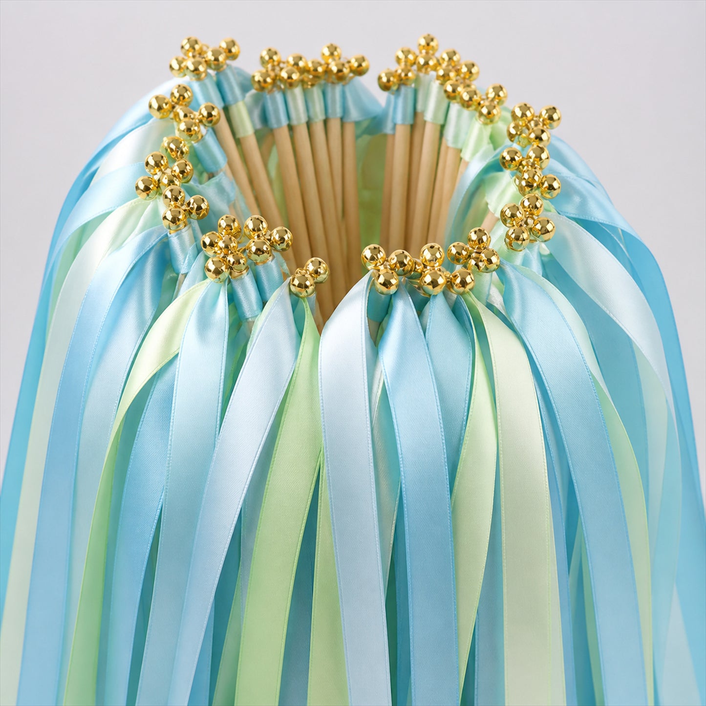 Handmade Mint, Aqua & Sky Blue Satin Ribbon Wedding Wands with Bell