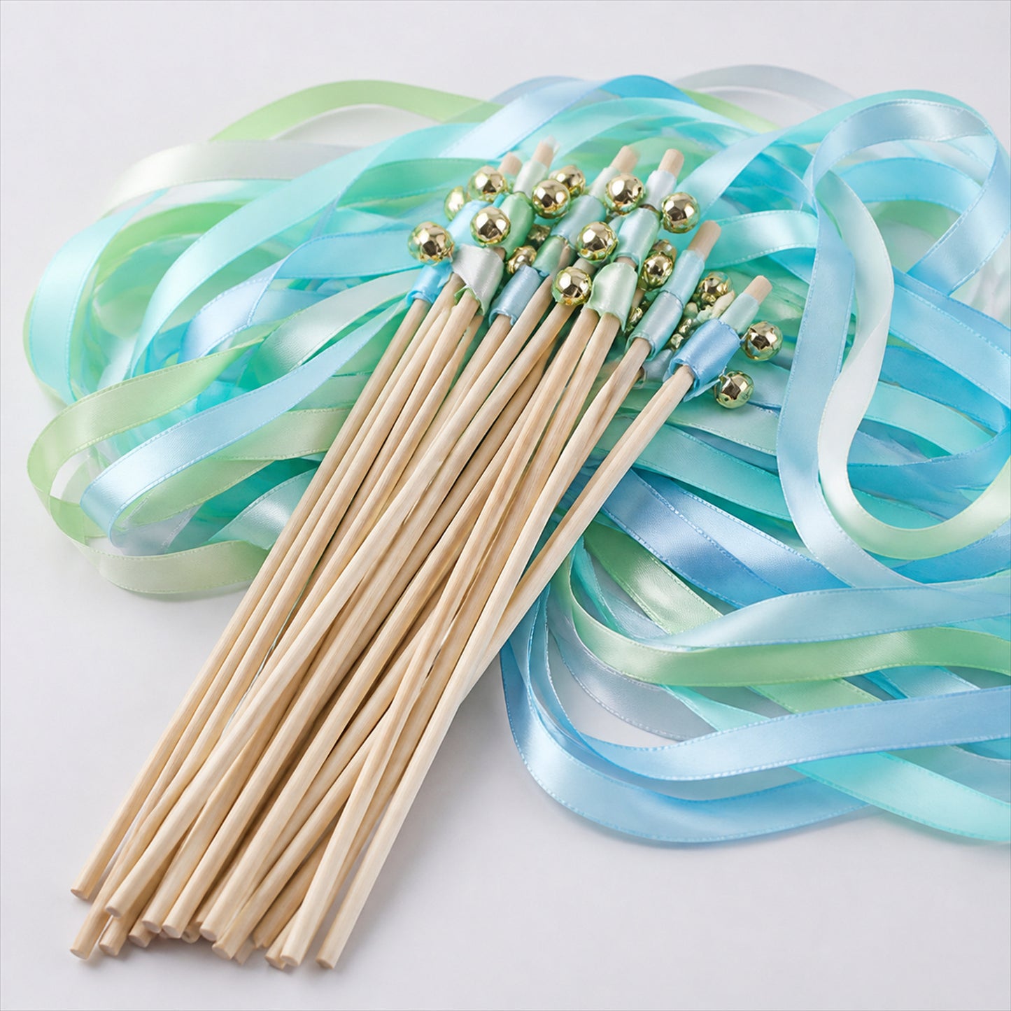 Handmade Mint, Aqua & Sky Blue Satin Ribbon Wedding Wands with Bell