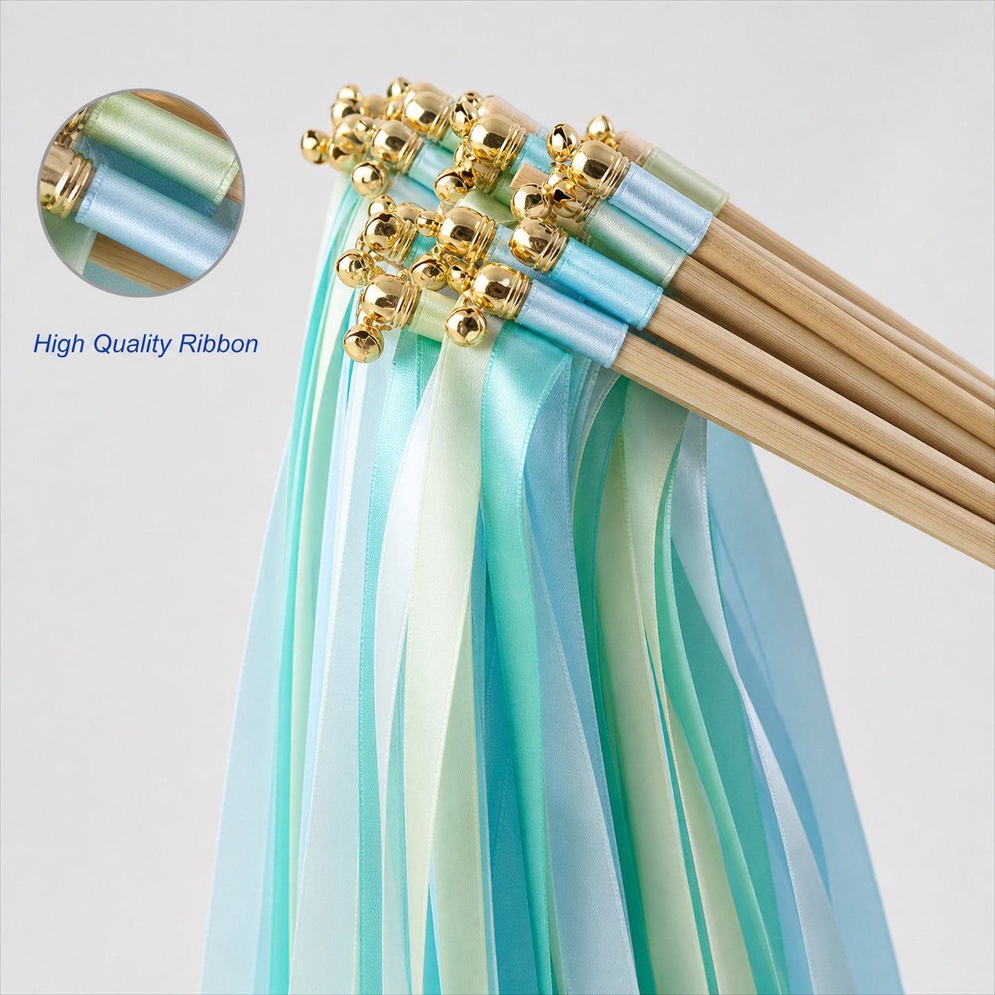 Handmade Mint, Aqua & Sky Blue Satin Ribbon Wedding Wands with Bell