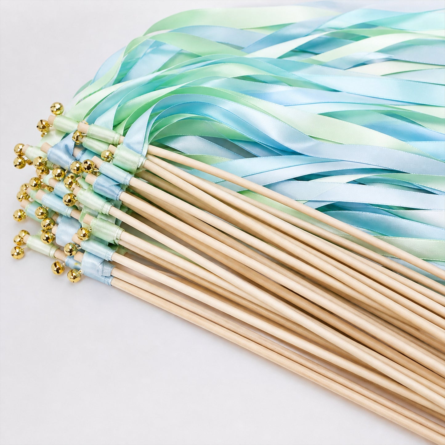 Handmade Mint, Aqua & Sky Blue Satin Ribbon Wedding Wands with Bell