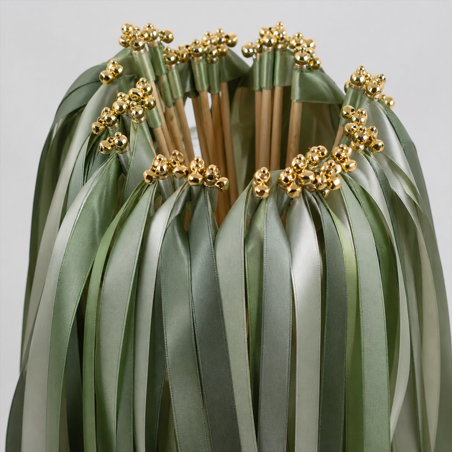 Handmade Sage, Olive & Leaf Green Satin Ribbon Wedding Wands with Bell
