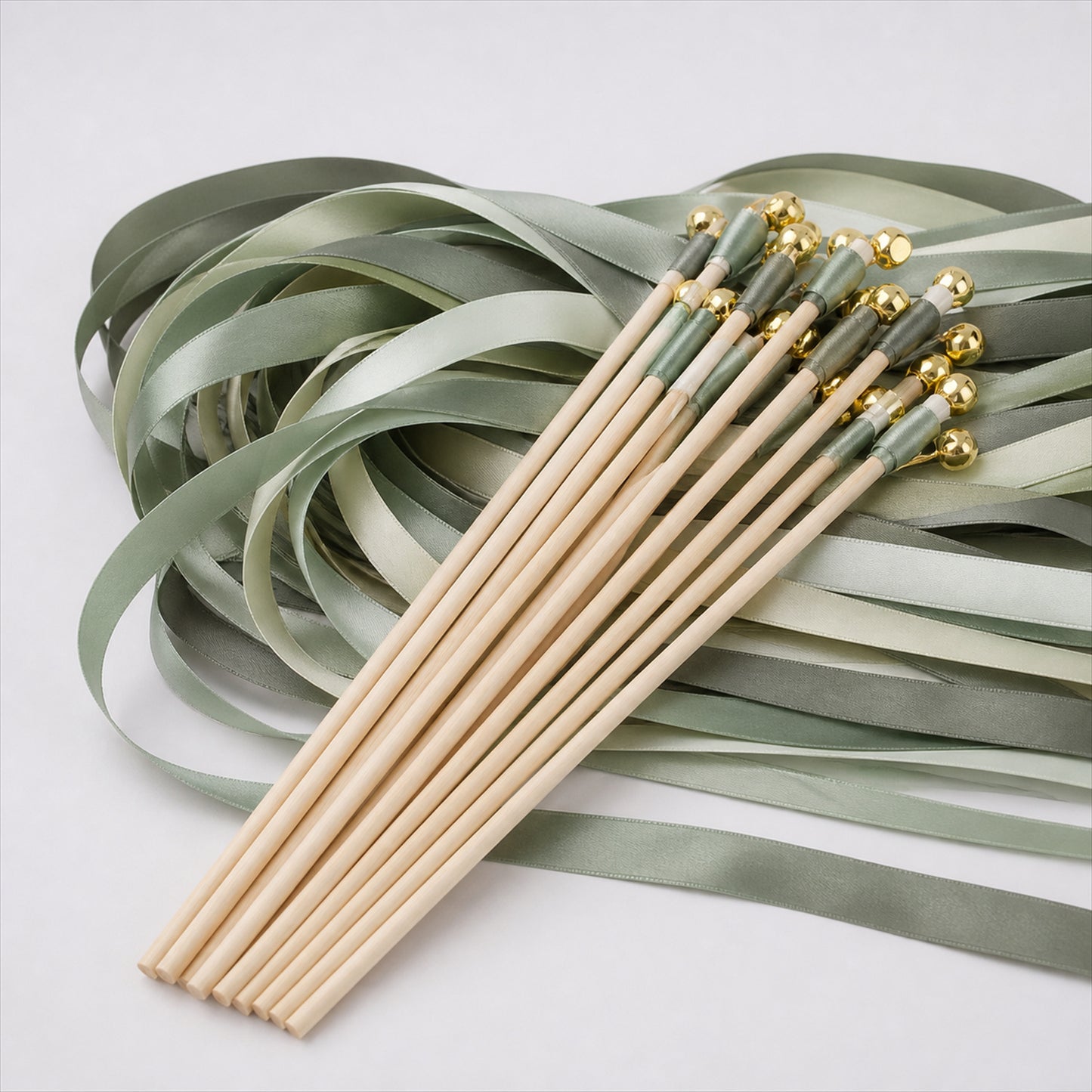 Handmade Sage, Olive & Leaf Green Satin Ribbon Wedding Wands with Bell