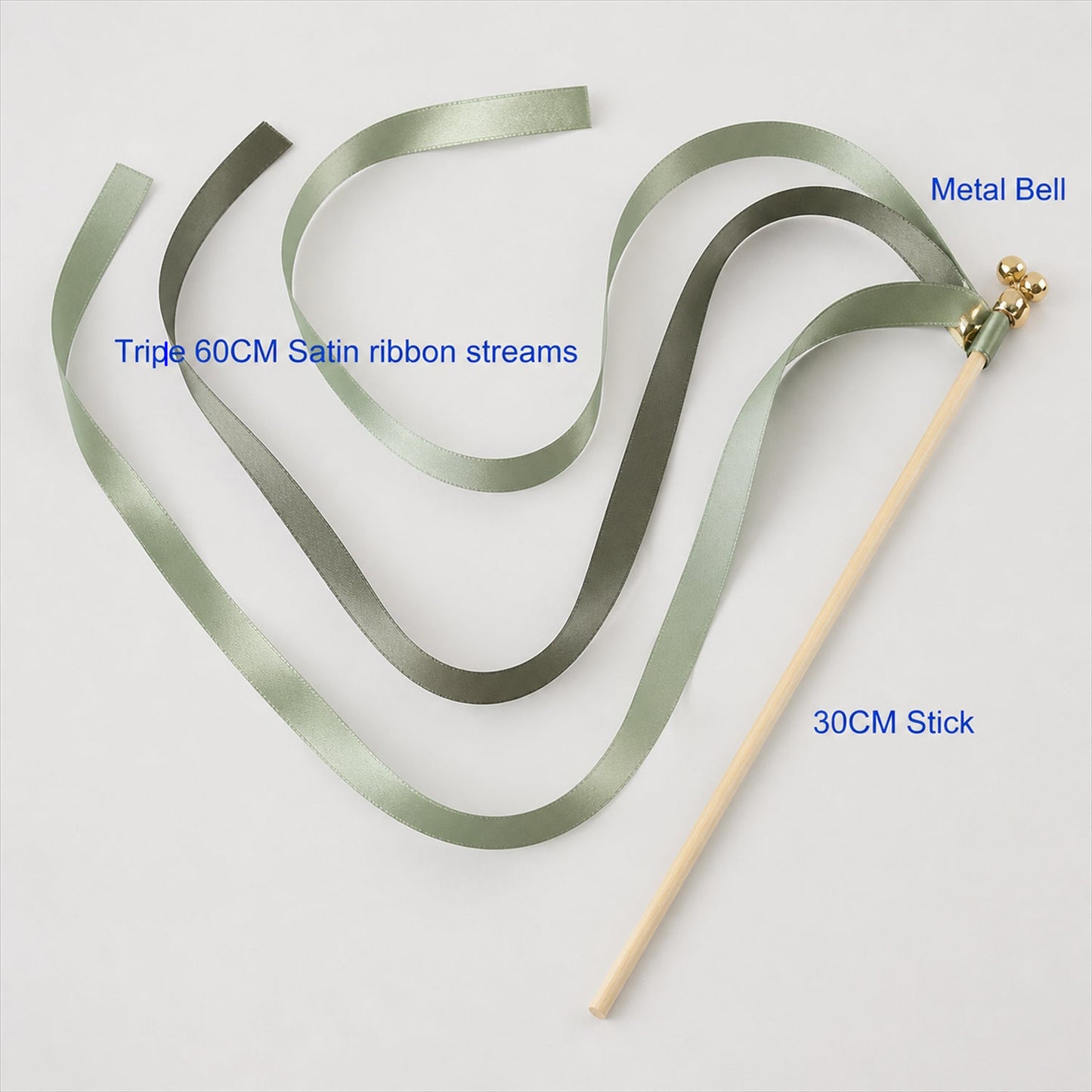 Handmade Sage, Olive & Leaf Green Satin Ribbon Wedding Wands with Bell