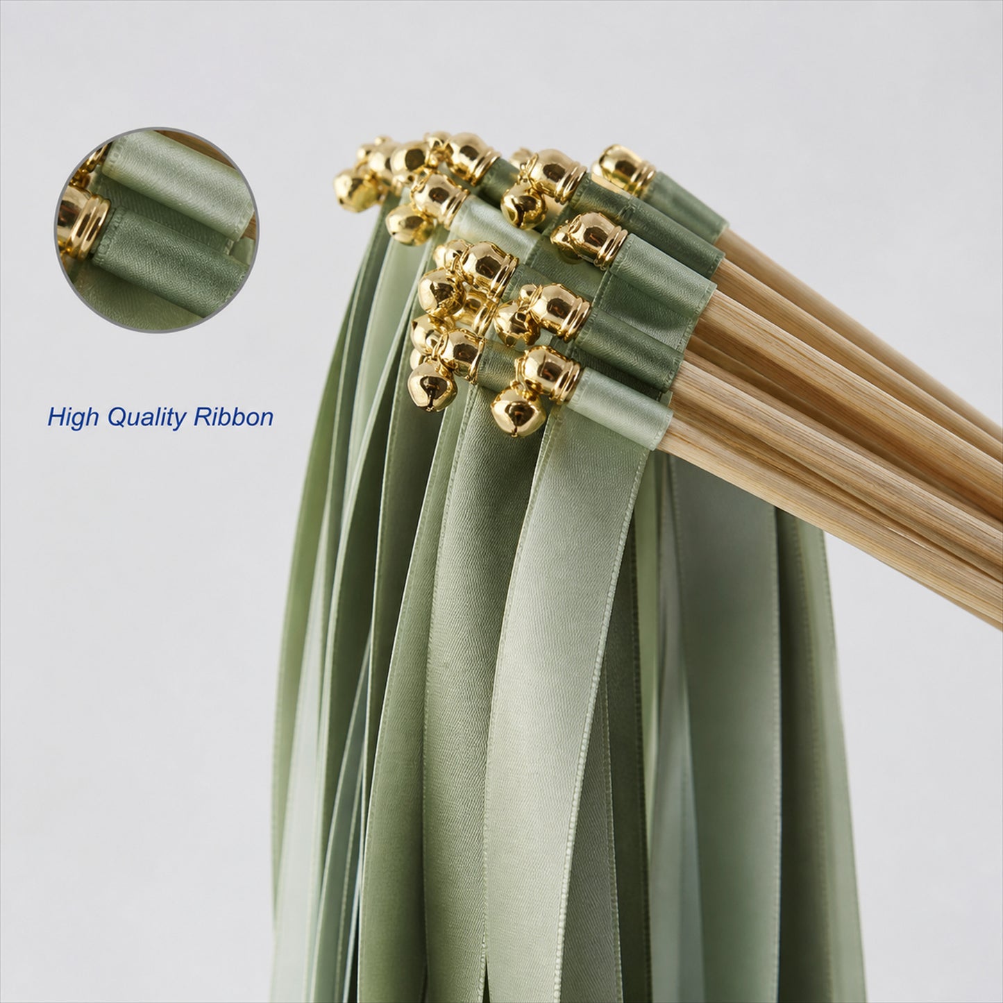 Handmade Sage, Olive & Leaf Green Satin Ribbon Wedding Wands with Bell