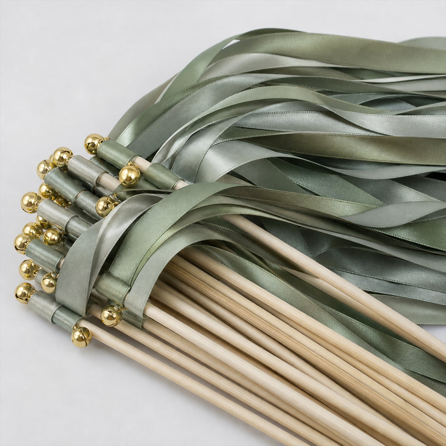 Handmade Sage, Olive & Leaf Green Satin Ribbon Wedding Wands with Bell