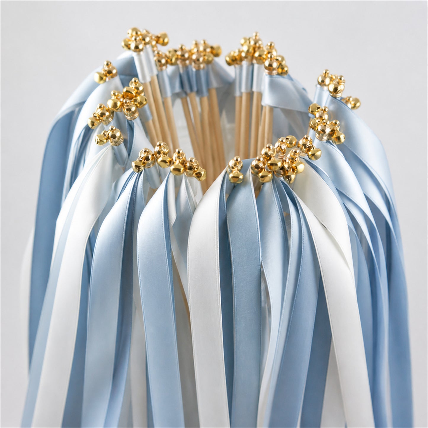 Handmade Light Blue, Ice Blue & White Satin Ribbon Wedding Wands with Bell
