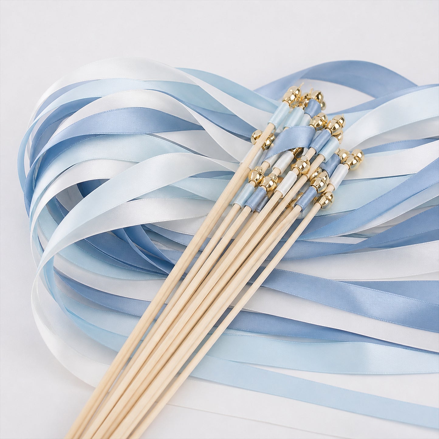 Handmade Light Blue, Ice Blue & White Satin Ribbon Wedding Wands with Bell