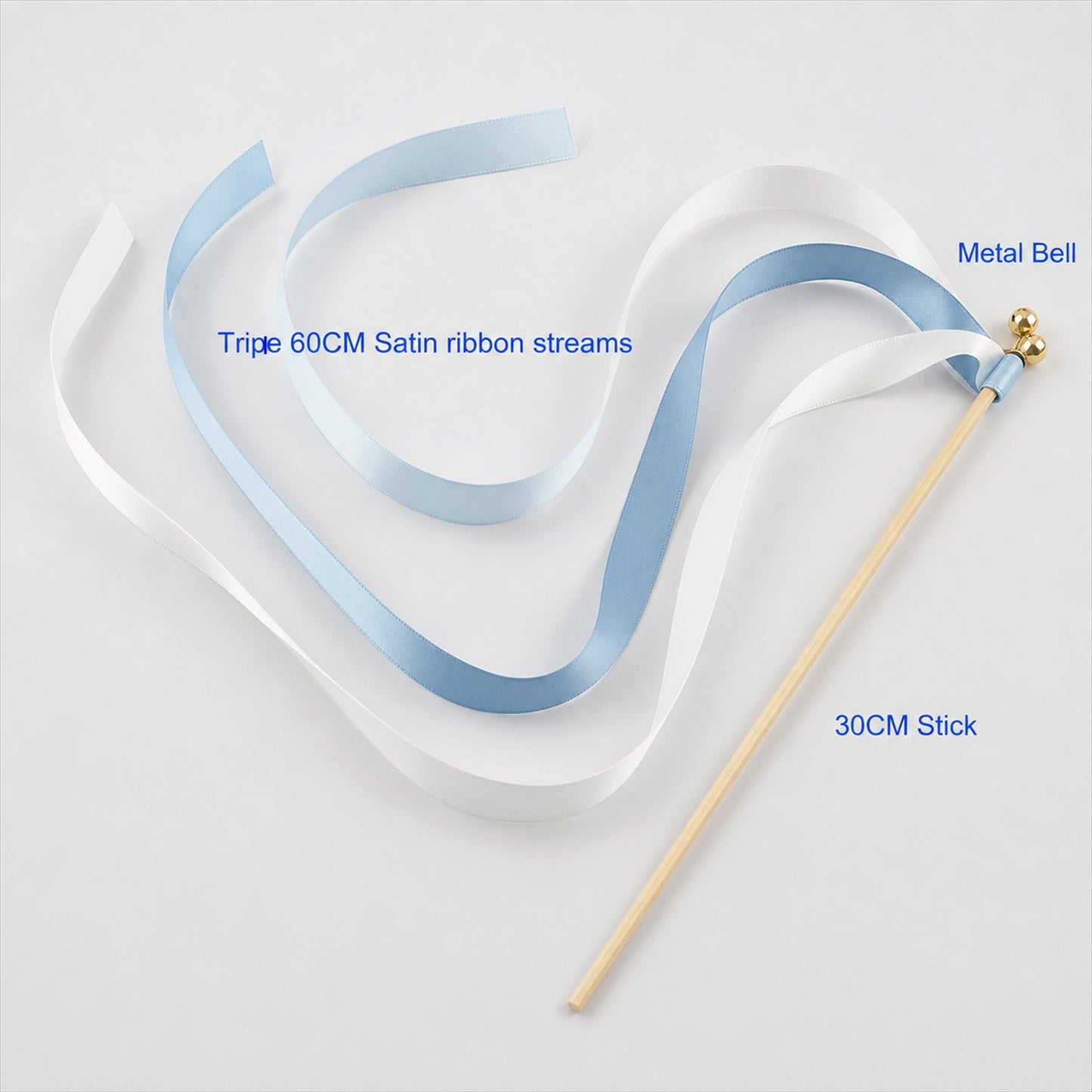 Handmade Light Blue, Ice Blue & White Satin Ribbon Wedding Wands with Bell