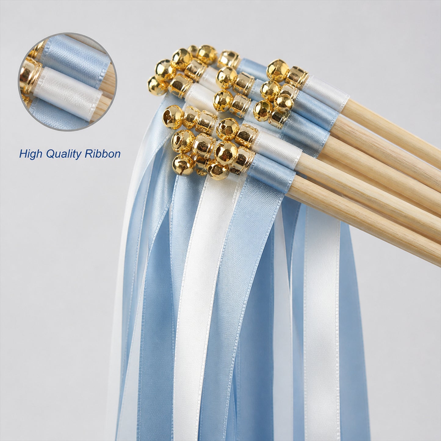 Handmade Light Blue, Ice Blue & White Satin Ribbon Wedding Wands with Bell