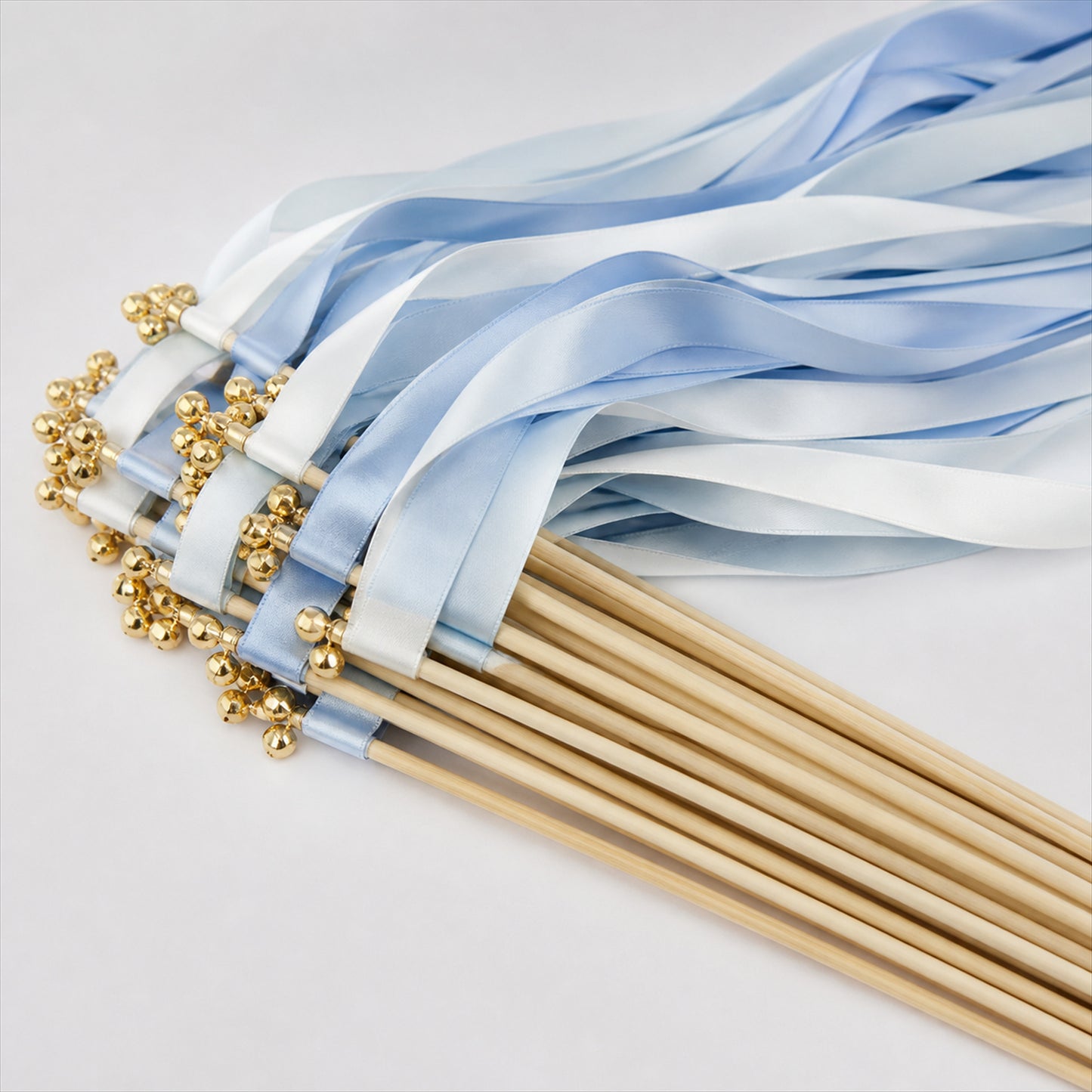 Handmade Light Blue, Ice Blue & White Satin Ribbon Wedding Wands with Bell