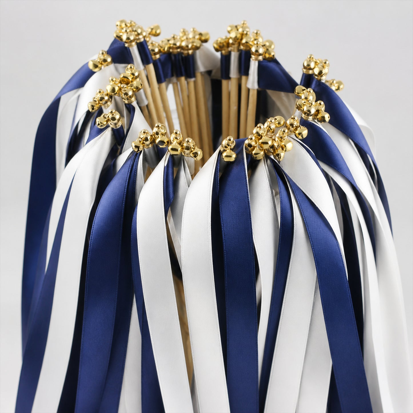 Handmade Navy & White Satin Ribbon Wedding Wands with Bell