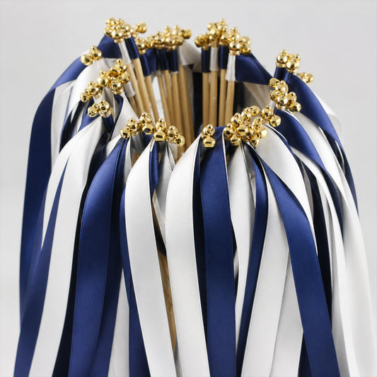 Handmade Navy & White Satin Ribbon Wedding Wands with Bell