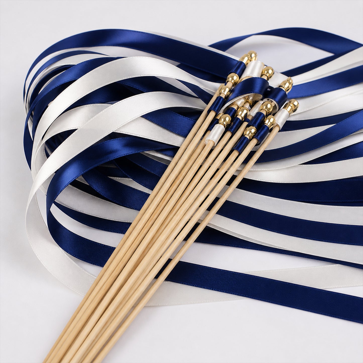 Handmade Navy & White Satin Ribbon Wedding Wands with Bell