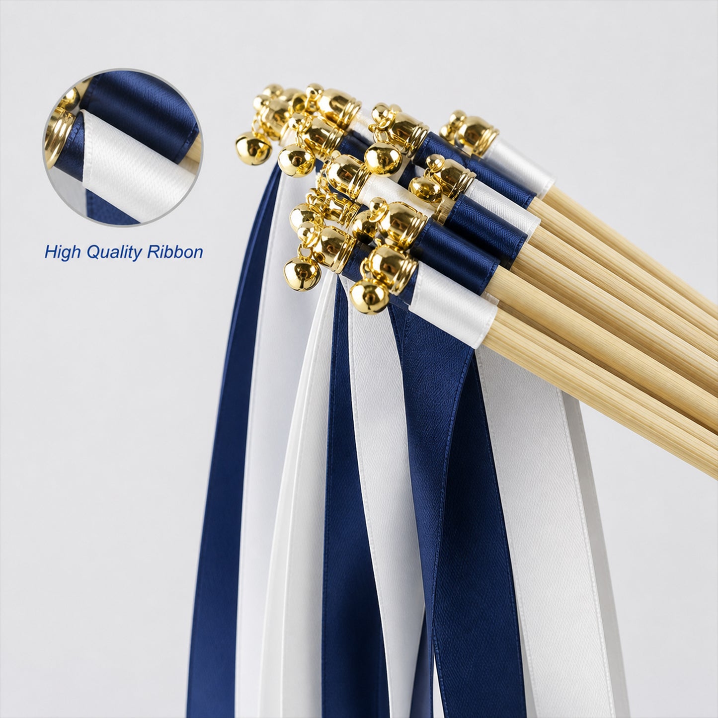 Handmade Navy & White Satin Ribbon Wedding Wands with Bell