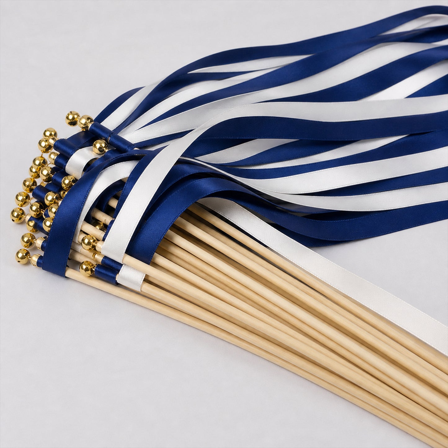 Handmade Navy & White Satin Ribbon Wedding Wands with Bell