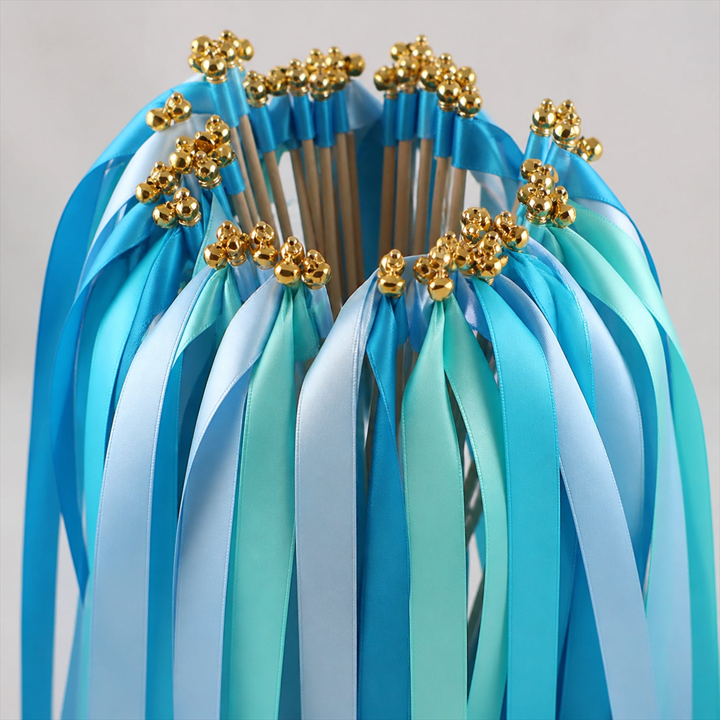 Handmade Aqua, Cyan & Blue Satin Ribbon Wedding Wands with Bell