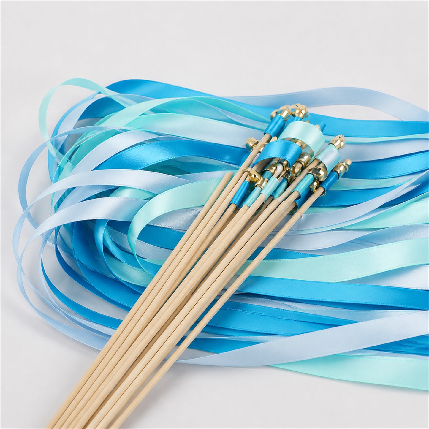 Handmade Aqua, Cyan & Blue Satin Ribbon Wedding Wands with Bell