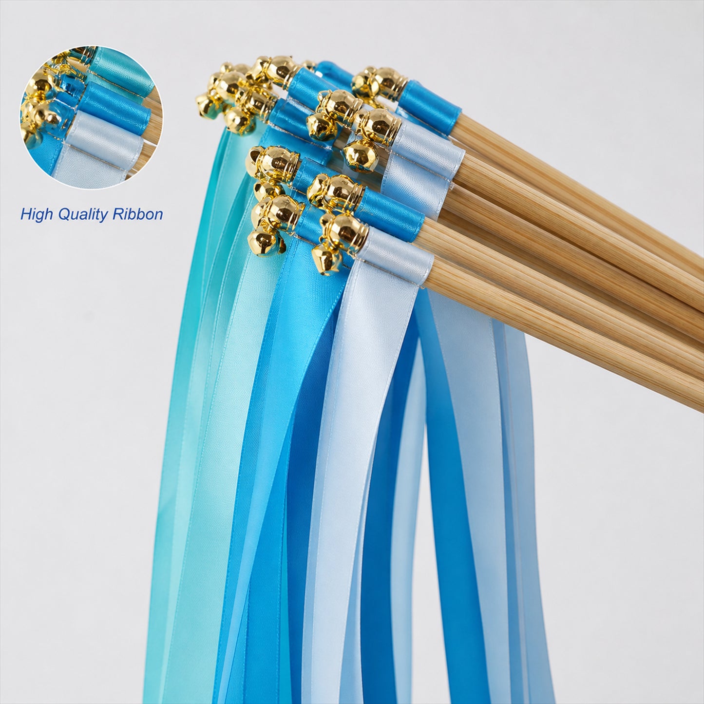 Handmade Aqua, Cyan & Blue Satin Ribbon Wedding Wands with Bell