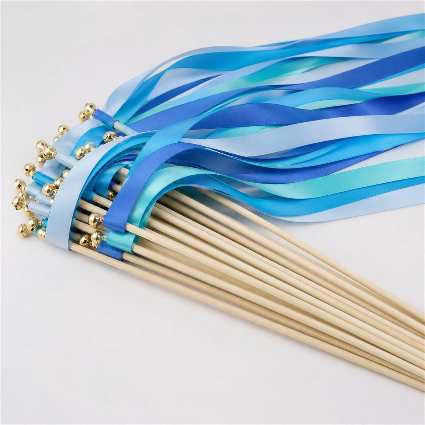 Handmade Aqua, Cyan & Blue Satin Ribbon Wedding Wands with Bell