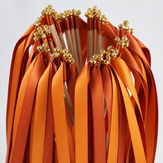 Handmade Burnt Orange & Copper Satin Ribbon Wedding Wands with Bell